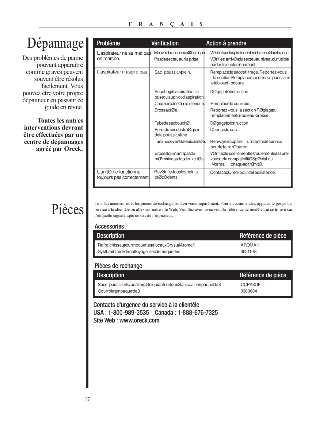 Oreck 79053-01REVA manual Problème Vérification Action à prendre, Description, Pièces de rechange 