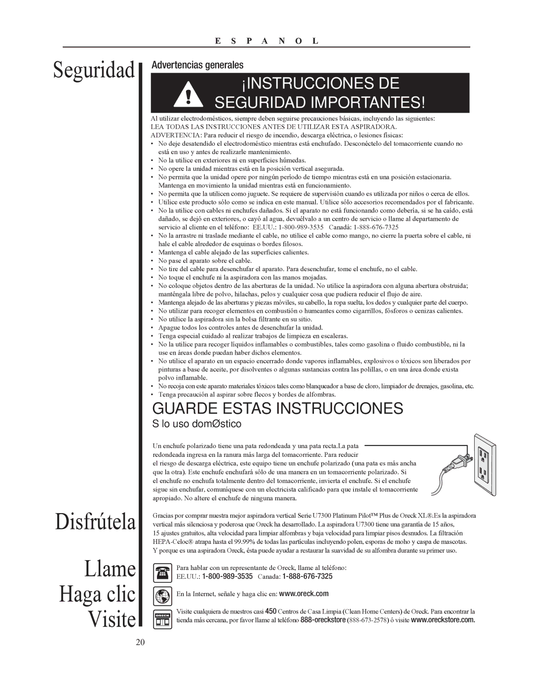 Oreck 79053-01REVA manual Seguridad Disfrútela, Llame Haga clic Visite, Advertencias generales, Sólo uso doméstico 