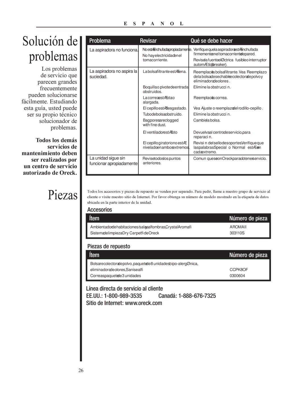 Oreck 79053-01REVA manual Problema Revisar Qué se debe hacer, Accesorios, Ítem, Piezas de repuesto 