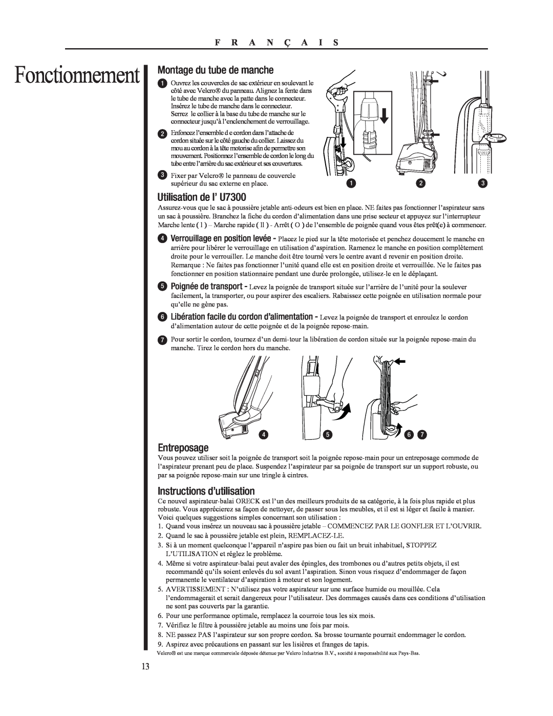 Oreck 79053-01REVA manual Montage du tube de manche, Utilisation de l’ U7300, Entreposage, Instructions d’utilisation 