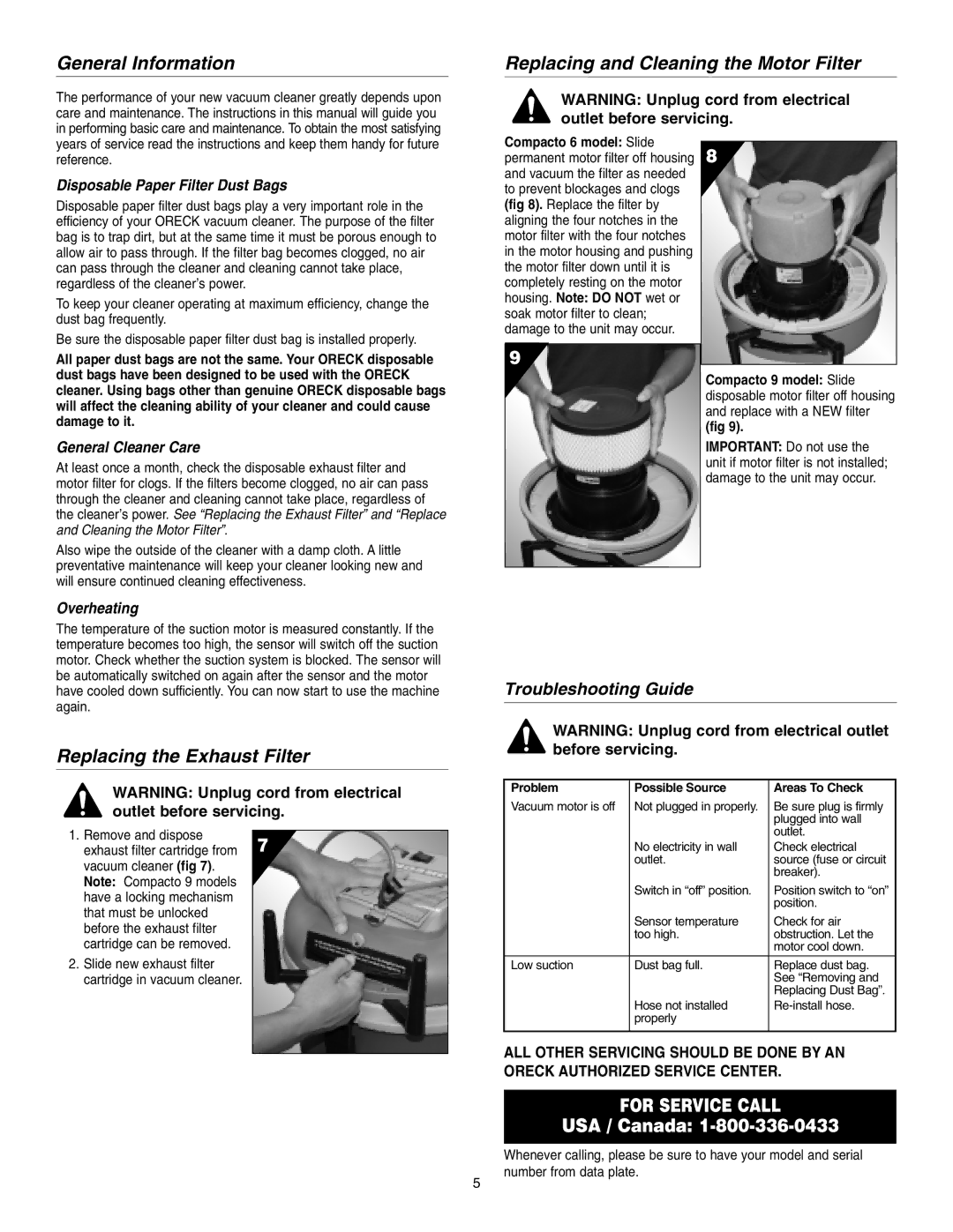 Oreck 6 General Information, Replacing and Cleaning the Motor Filter, Replacing the Exhaust Filter, Troubleshooting Guide 