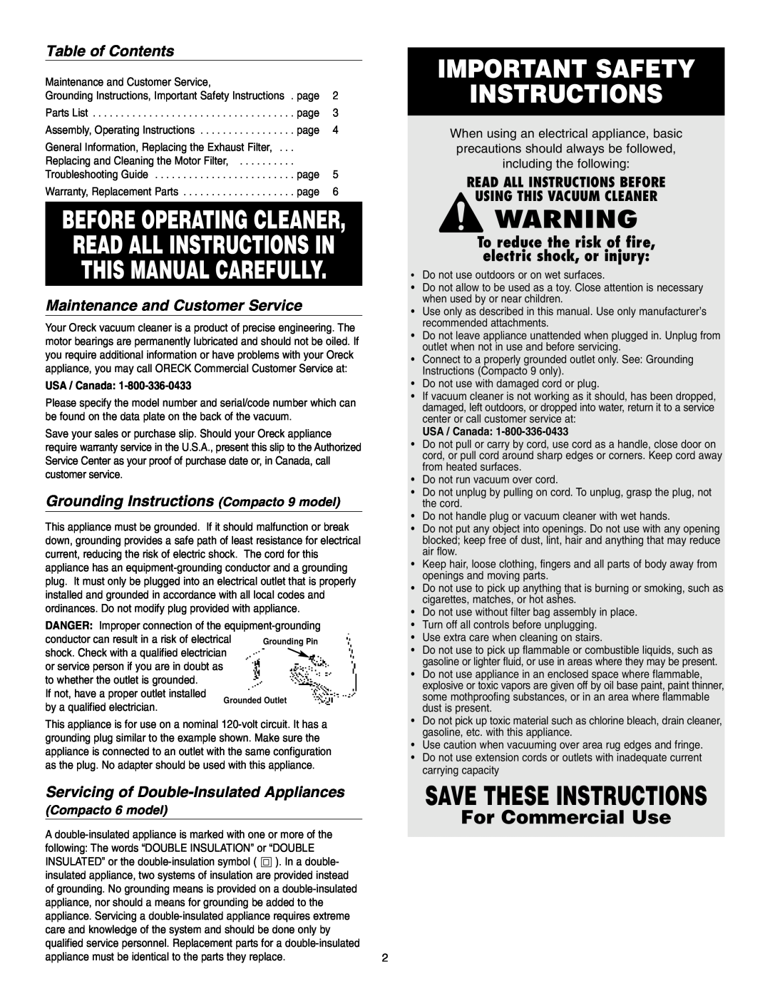 Oreck 9, 6 Save These Instructions, For Commercial Use, Table of Contents, Maintenance and Customer Service, USA / Canada 