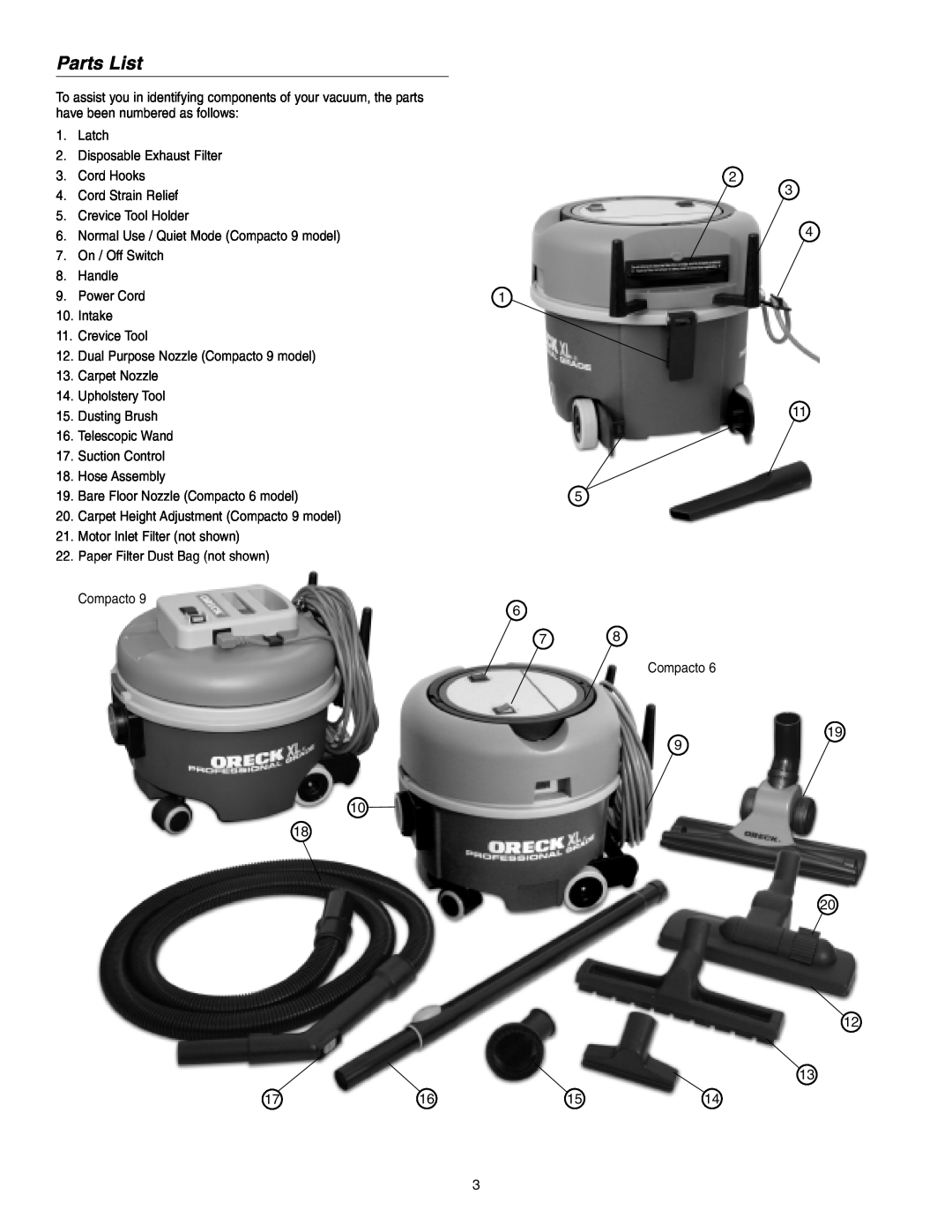 Oreck 6, 9 warranty Parts List 