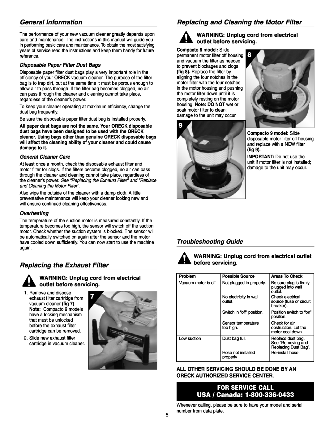Oreck 6 General Information, Replacing and Cleaning the Motor Filter, Replacing the Exhaust Filter, Troubleshooting Guide 