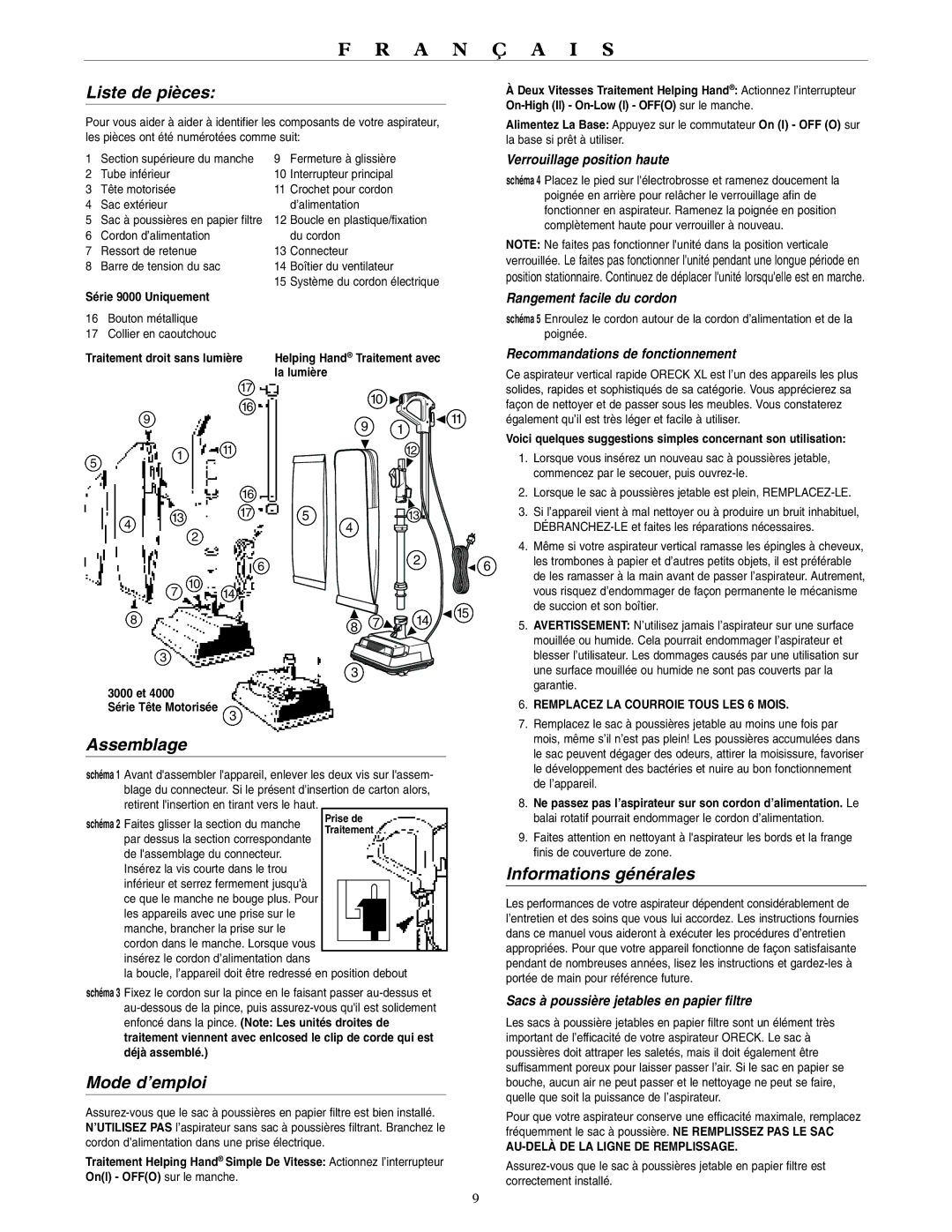 Oreck 3000, 9000, 4000, 2000 warranty Liste de pièces, Assemblage, Informations générales, Mode d’emploi 