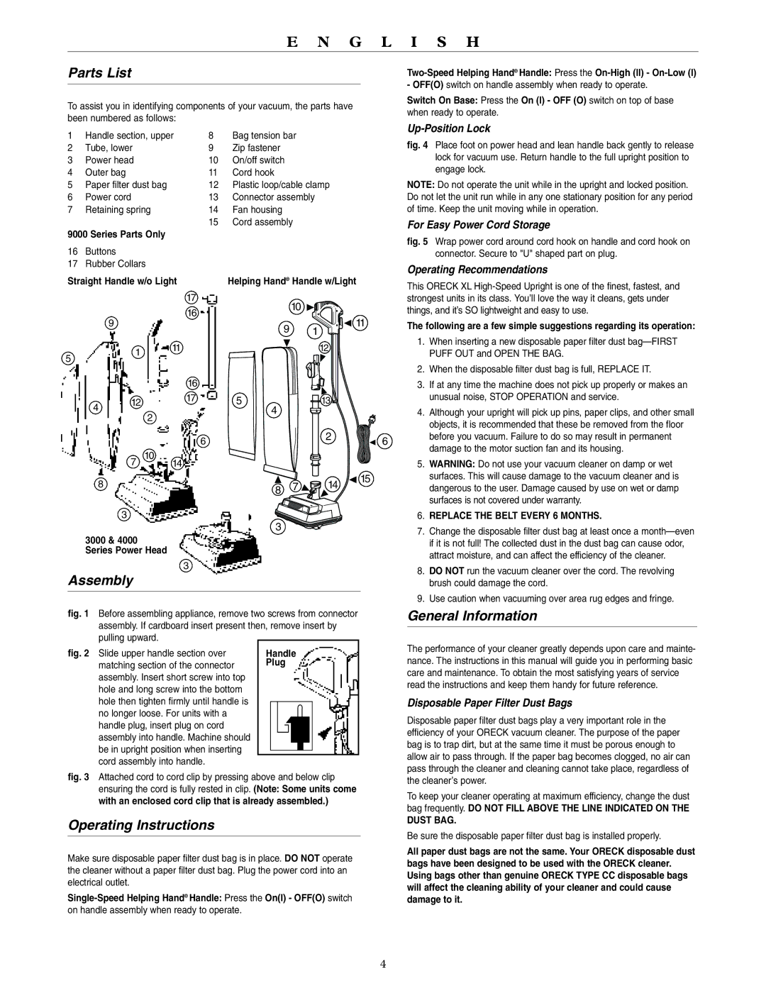 Oreck 4000, 9000, 3000, 2000 warranty Parts List, Assembly, Operating Instructions, General Information 