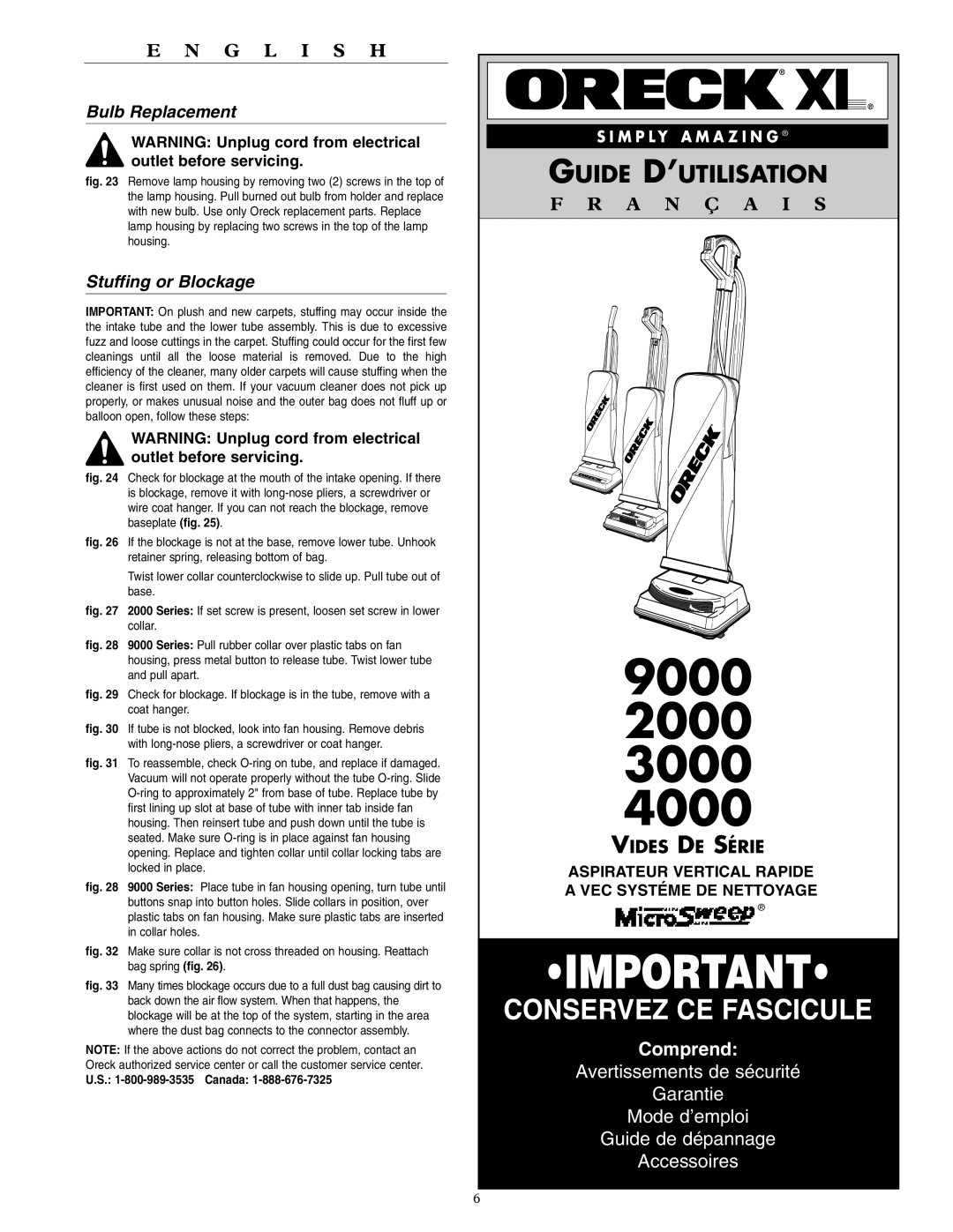 Oreck 2000, 9000, 4000, 3000 warranty Bulb Replacement, Stuffing or Blockage 