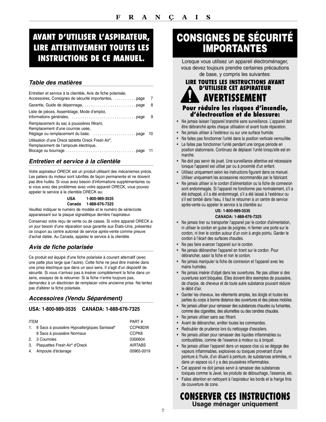 Oreck 9000 Table des matières, Entretien et service à la clientèle, Avis de fiche polarisée, Accessoires Vendu Séparément 