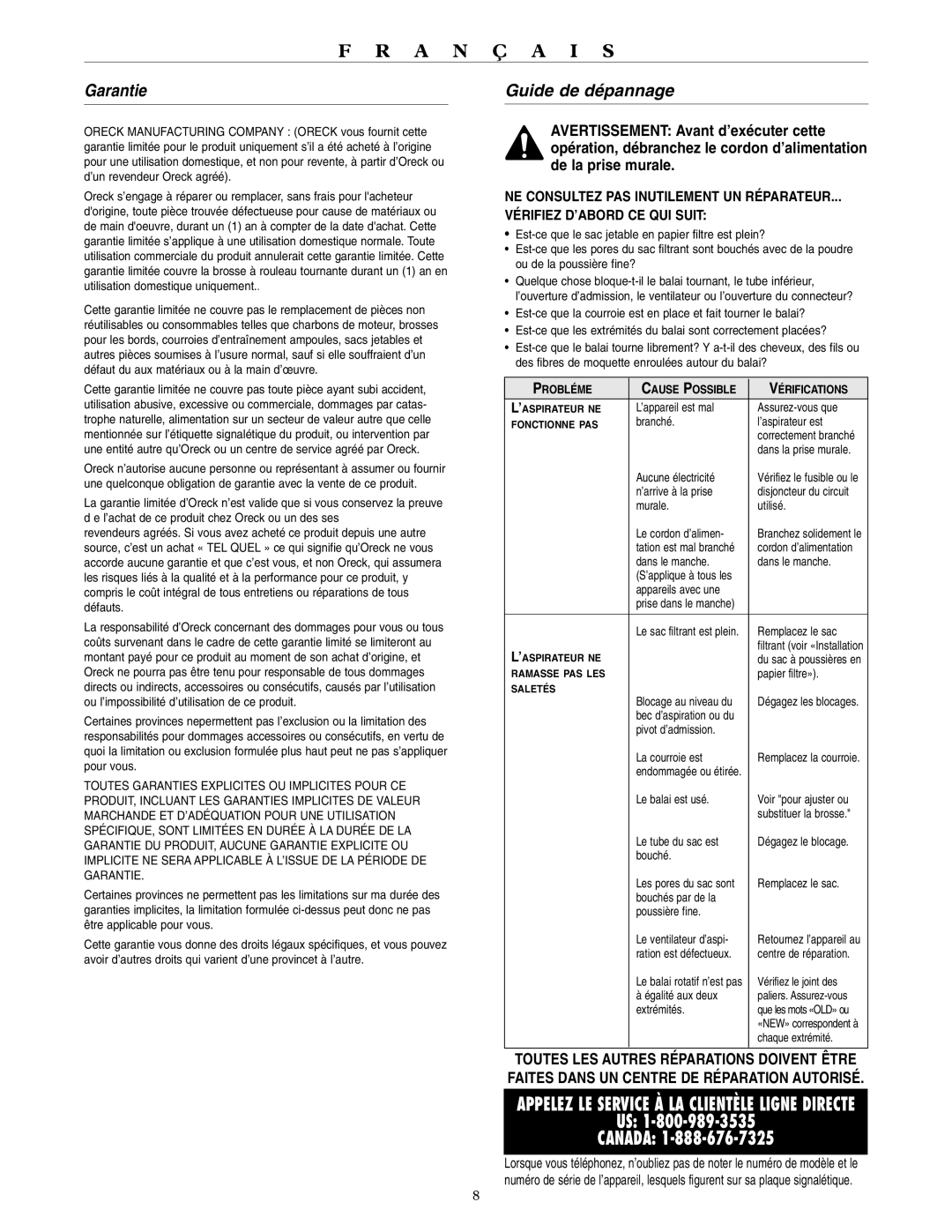 Oreck 4000, 9000, 3000, 2000 warranty Garantie, Guide de dépannage 