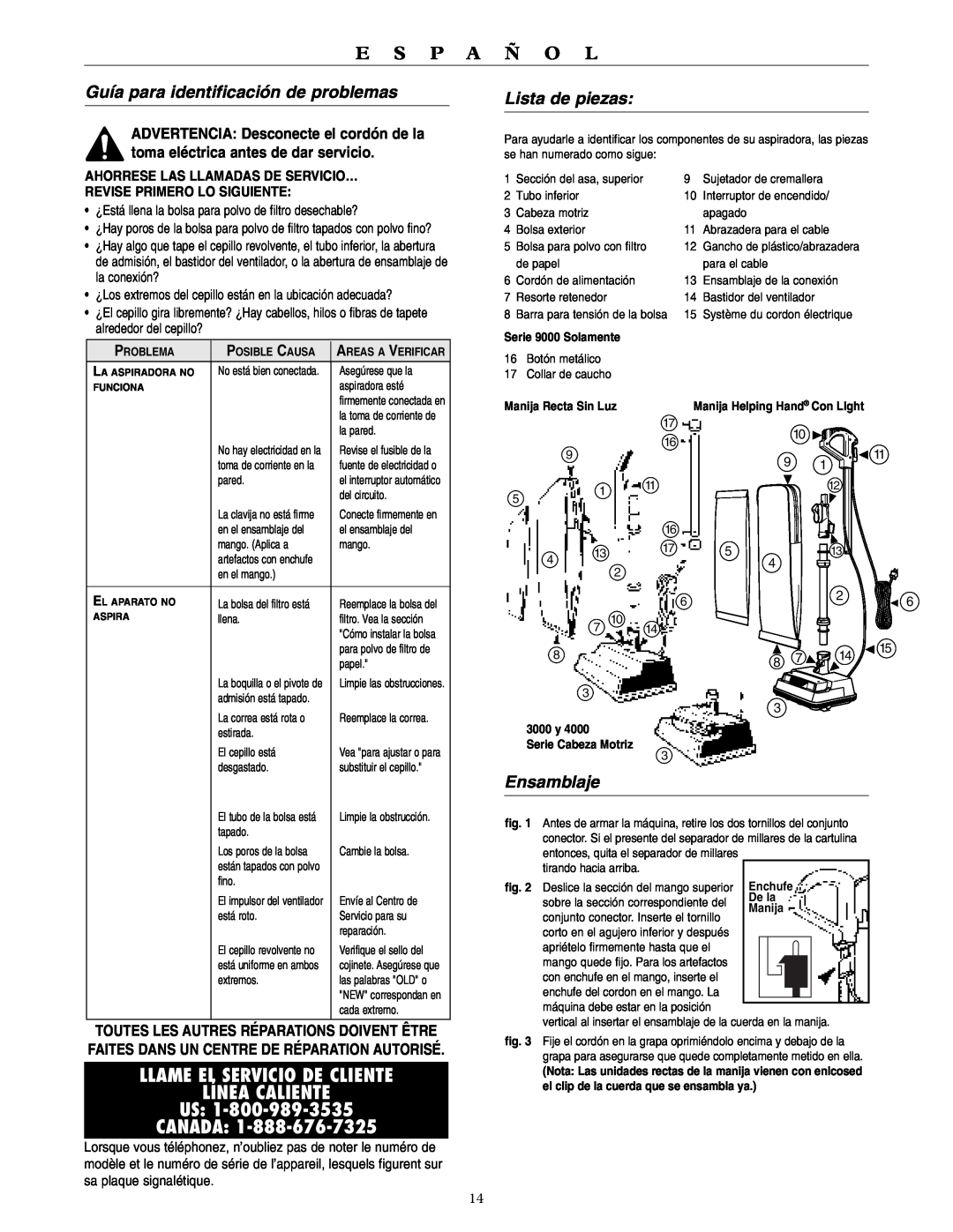 Oreck 2000 Llame El Servicio De Cliente Línea Caliente Us, Canada, Guía para identificación de problemas, Lista de piezas 