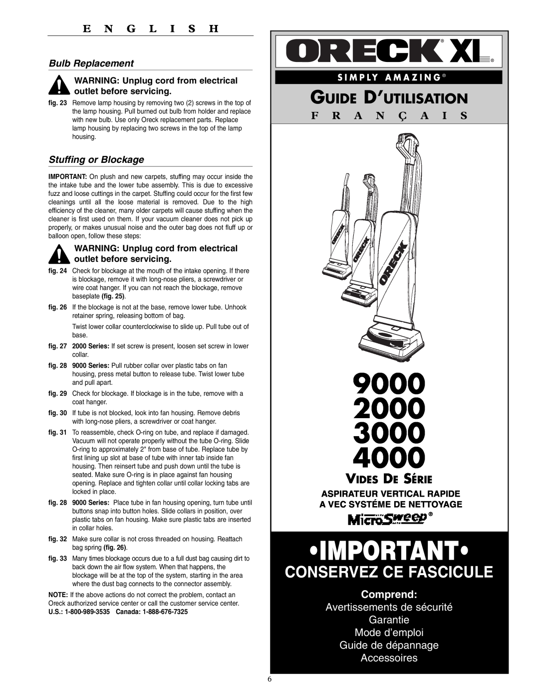 Oreck 2000, 4000 Guide D’Utilisation, Comprend, Avertissements de sécurité Garantie Mode d’emploi, Bulb Replacement, 9000 