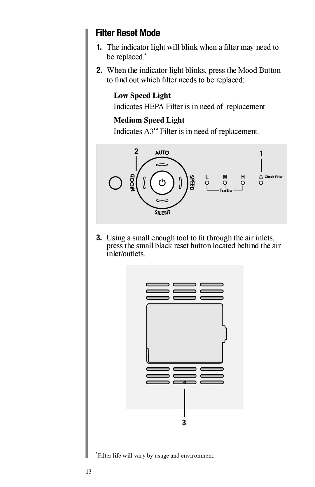 Oreck Air manual Filter Reset Mode, Medium Speed Light 