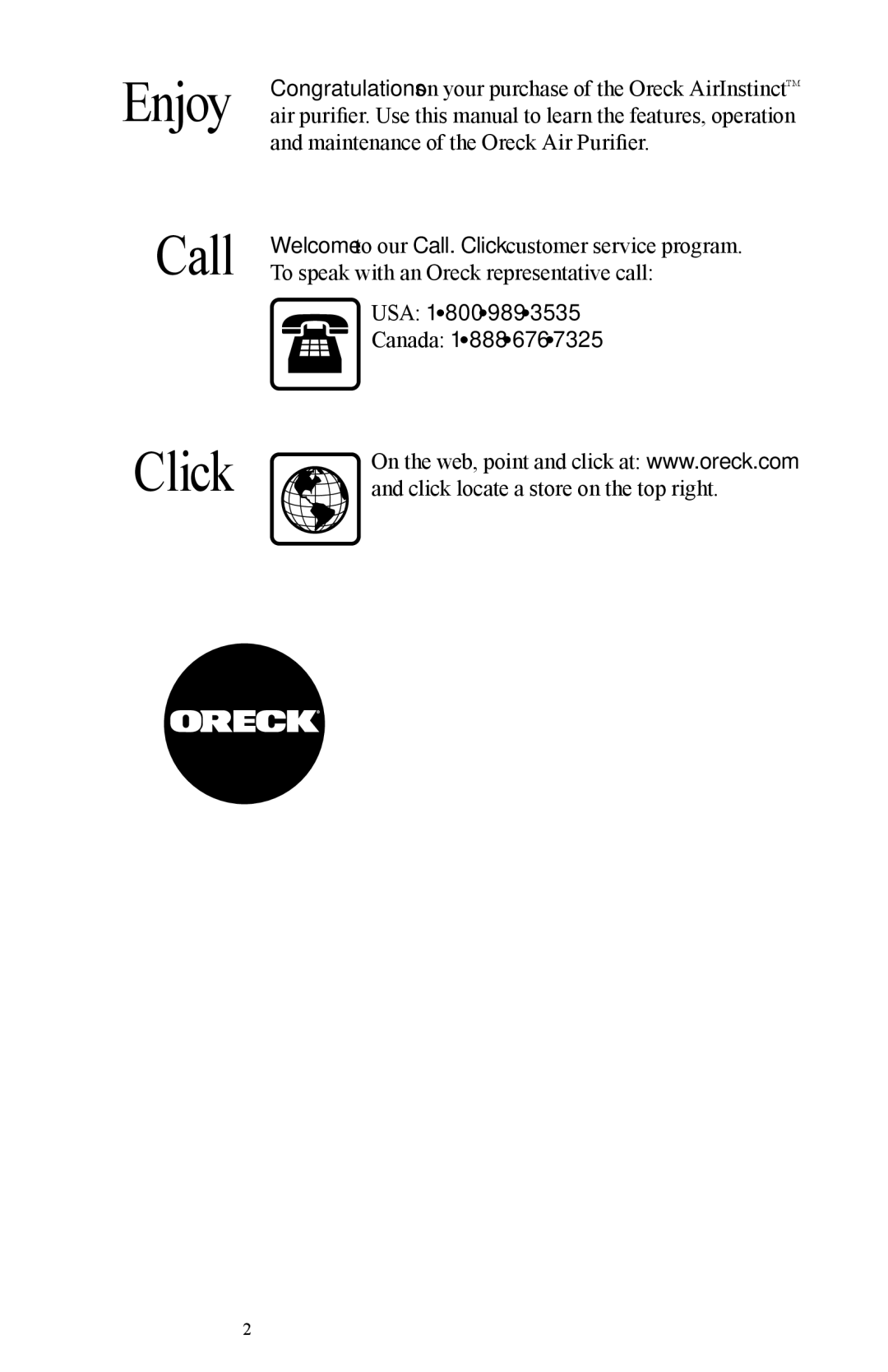 Oreck Air manual Enjoy Call Click 