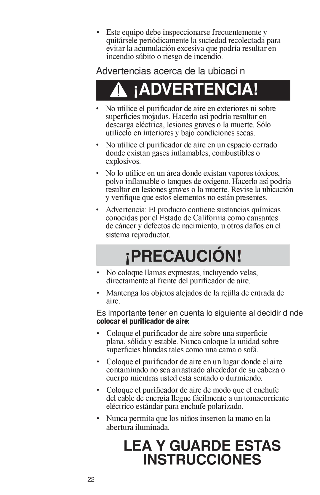 Oreck Air manual ¡Advertencia, Advertencias acerca de la ubicación 