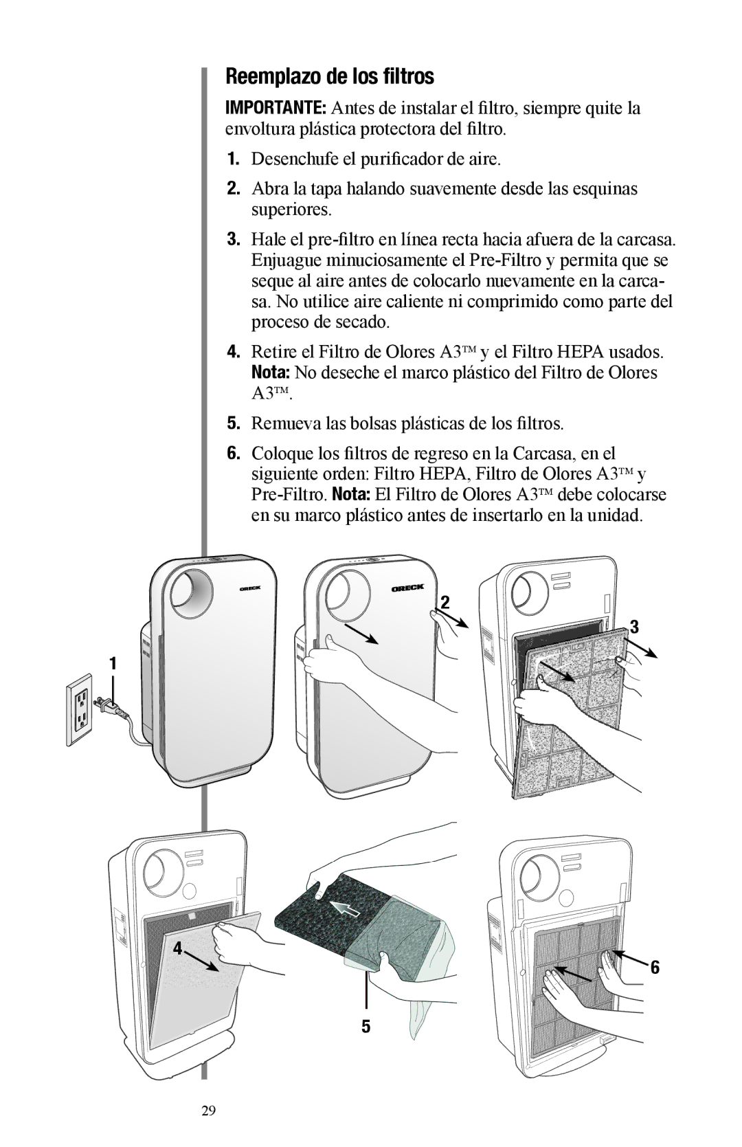 Oreck Air manual Reemplazo de los filtros, A3TM 