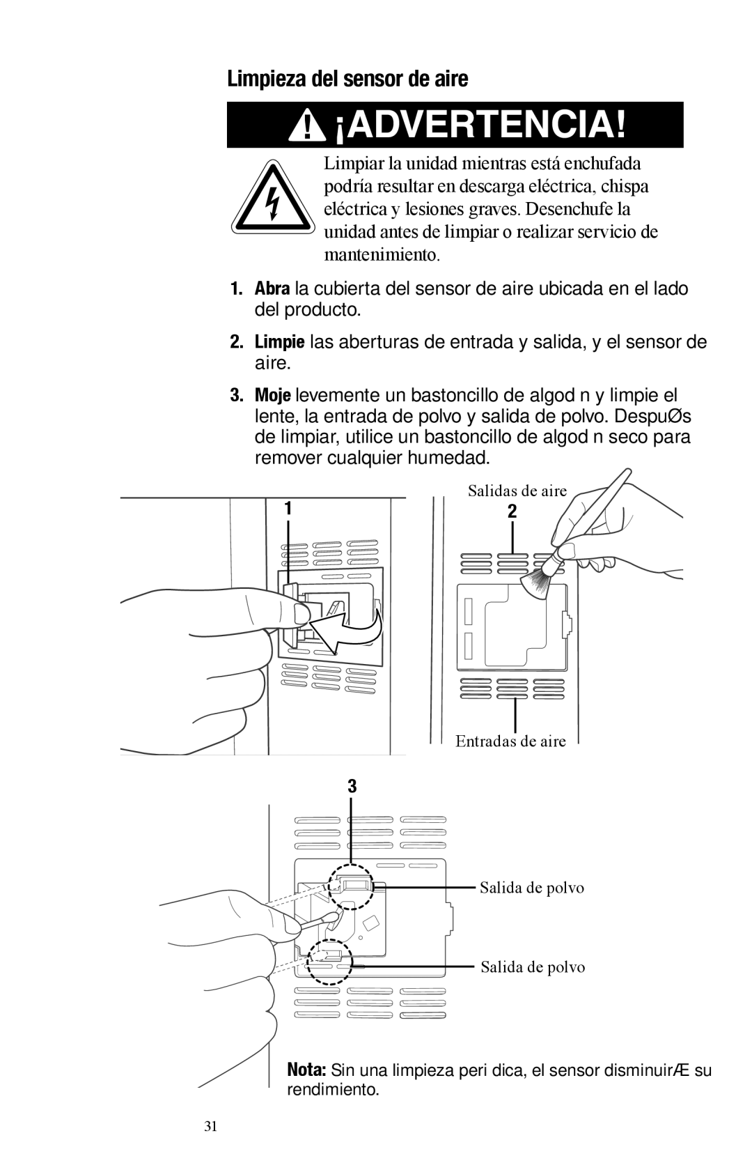 Oreck Air manual Limpieza del sensor de aire, Salidas de aire 