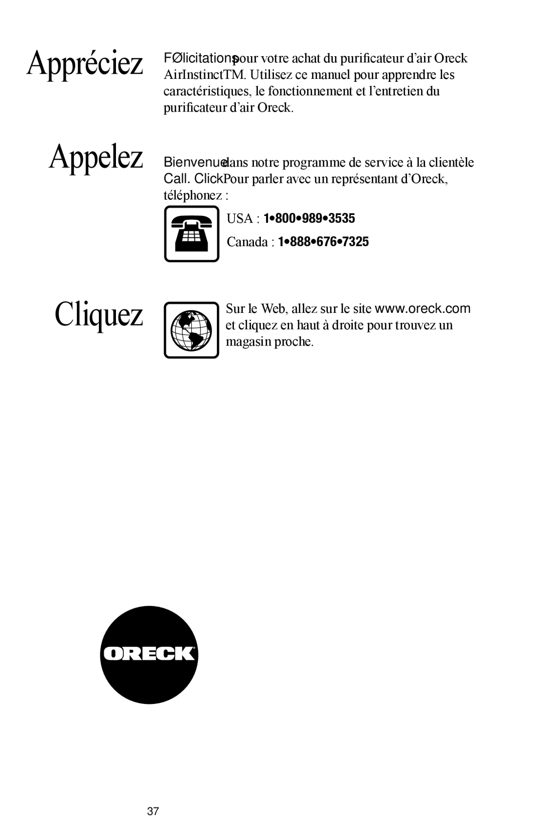 Oreck Air manual Cliquez, Appelez 