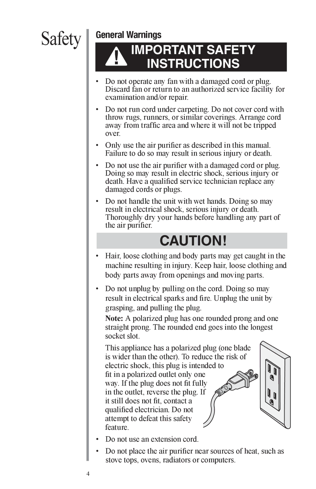 Oreck Air manual Safety, General Warnings 