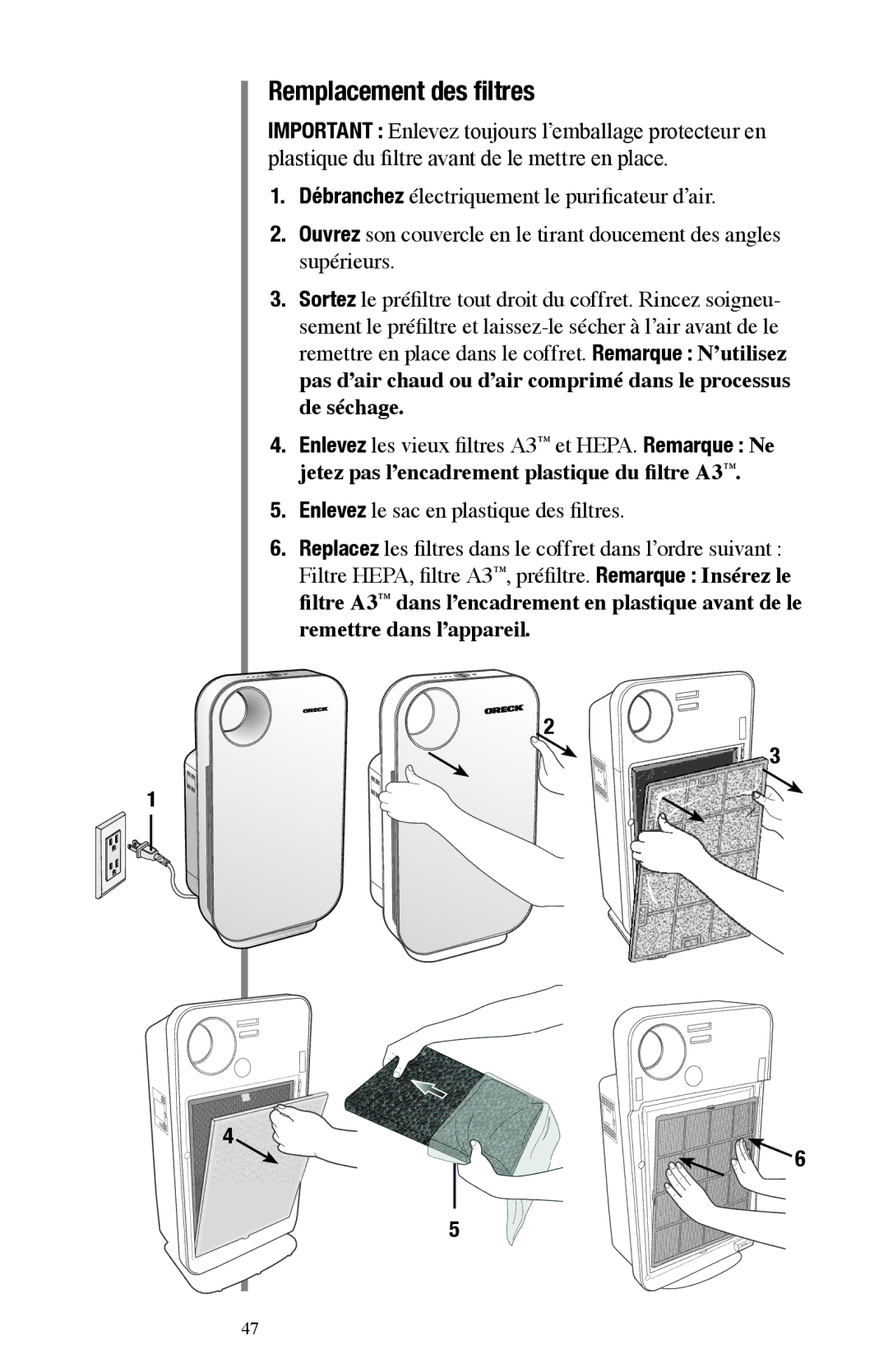 Oreck Air manual Remplacement des filtres 