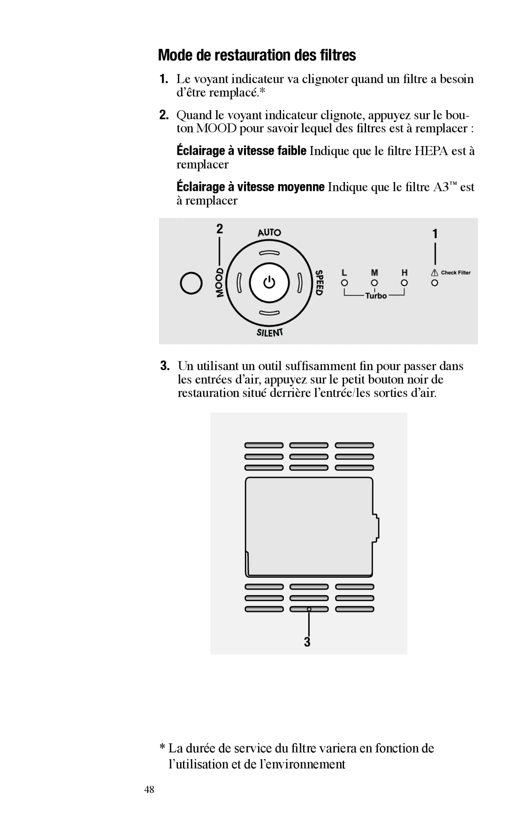 Oreck Air manual Mode de restauration des filtres, Éclairage à vitesse moyenne Indique que le filtre A3 est 