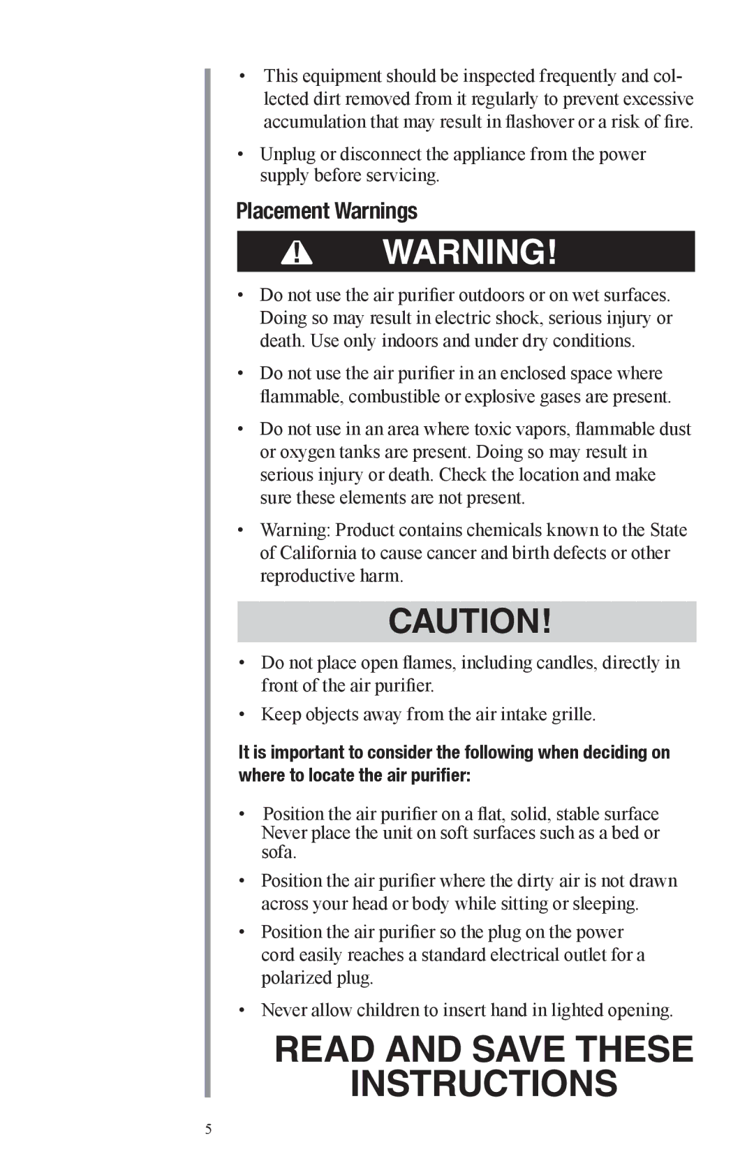 Oreck Air manual Placement Warnings 