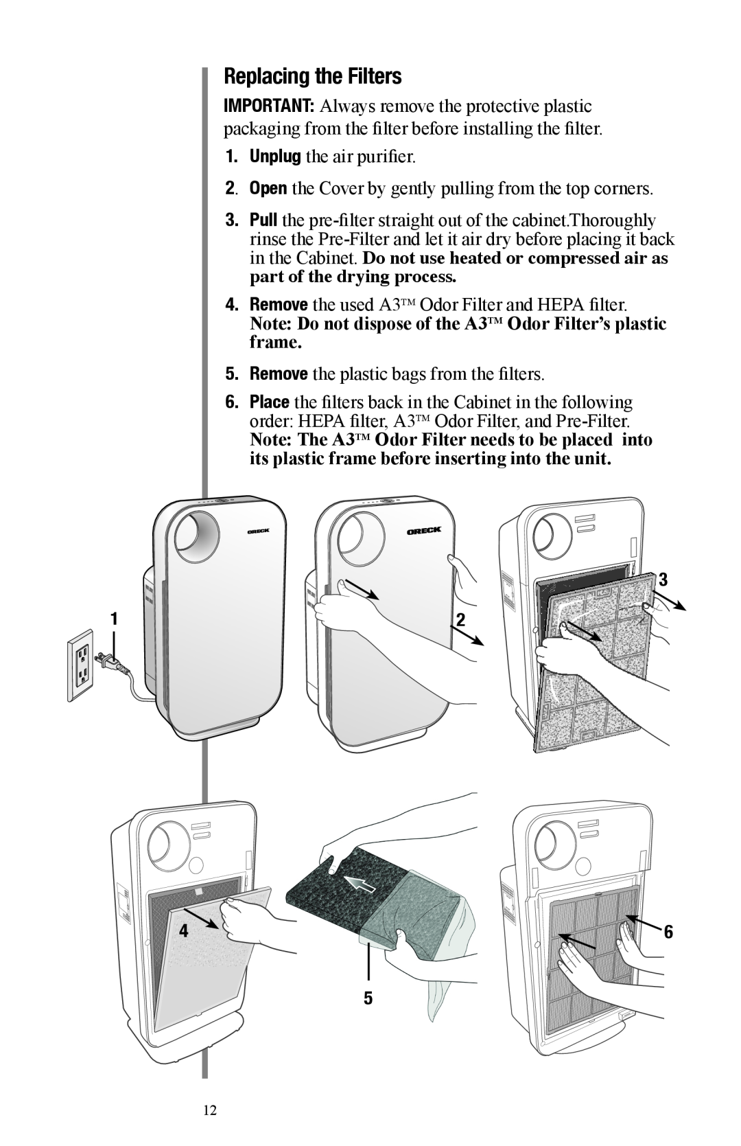 Oreck Air manual Replacing the Filters 