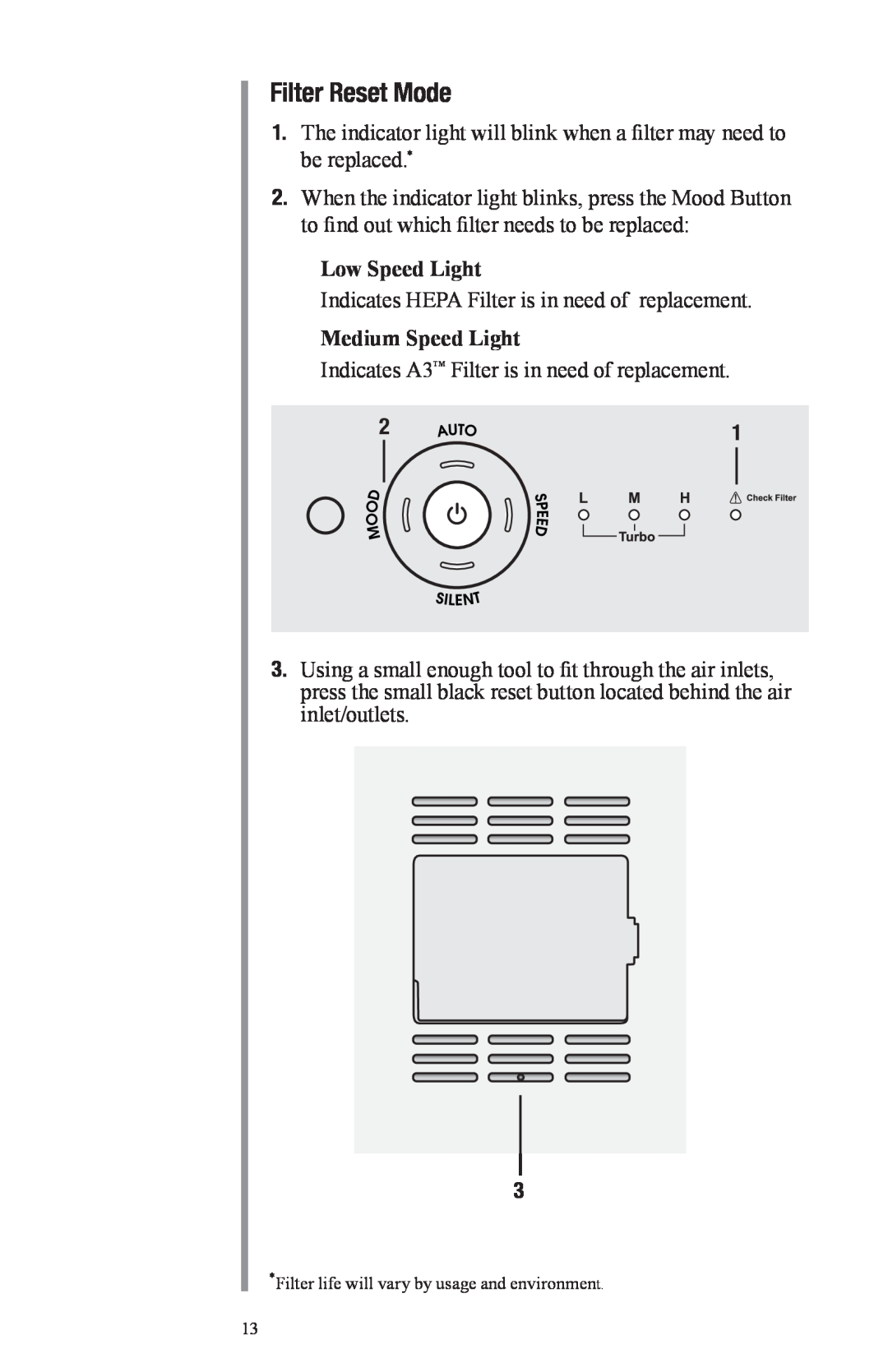 Oreck Air manual Filter Reset Mode, Low Speed Light, Medium Speed Light 