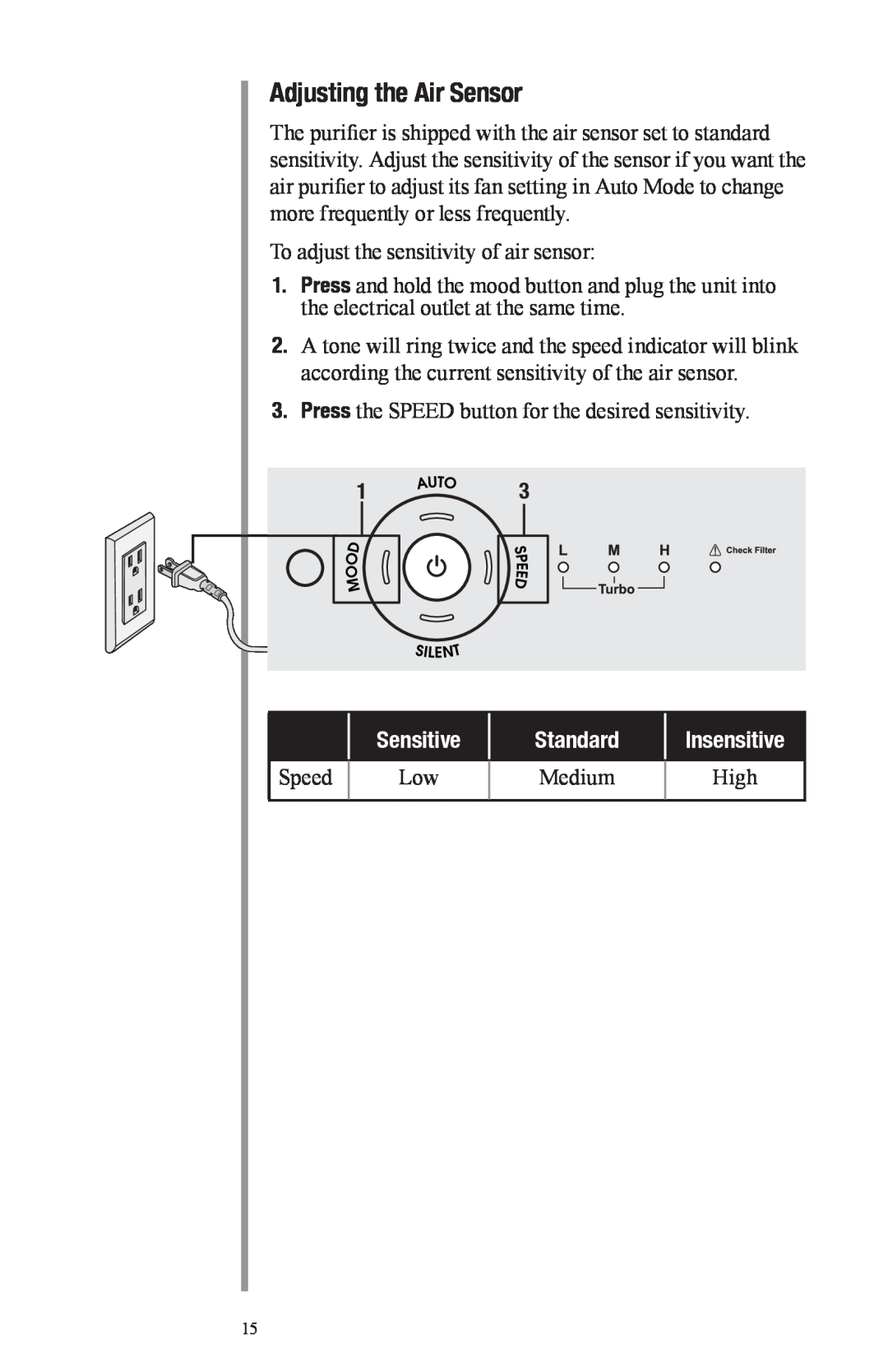 Oreck manual Adjusting the Air Sensor, Sensitive, Standard, Insensitive 