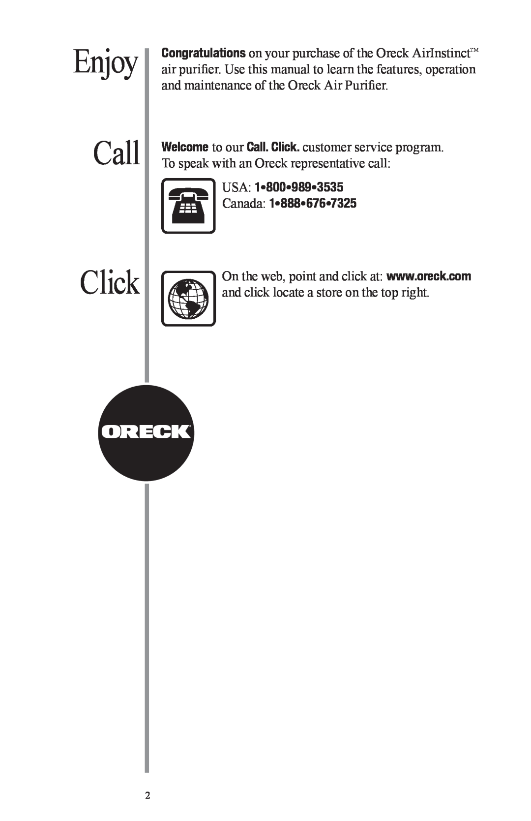 Oreck Air manual Enjoy Call Click, USA 18009893535 Canada 