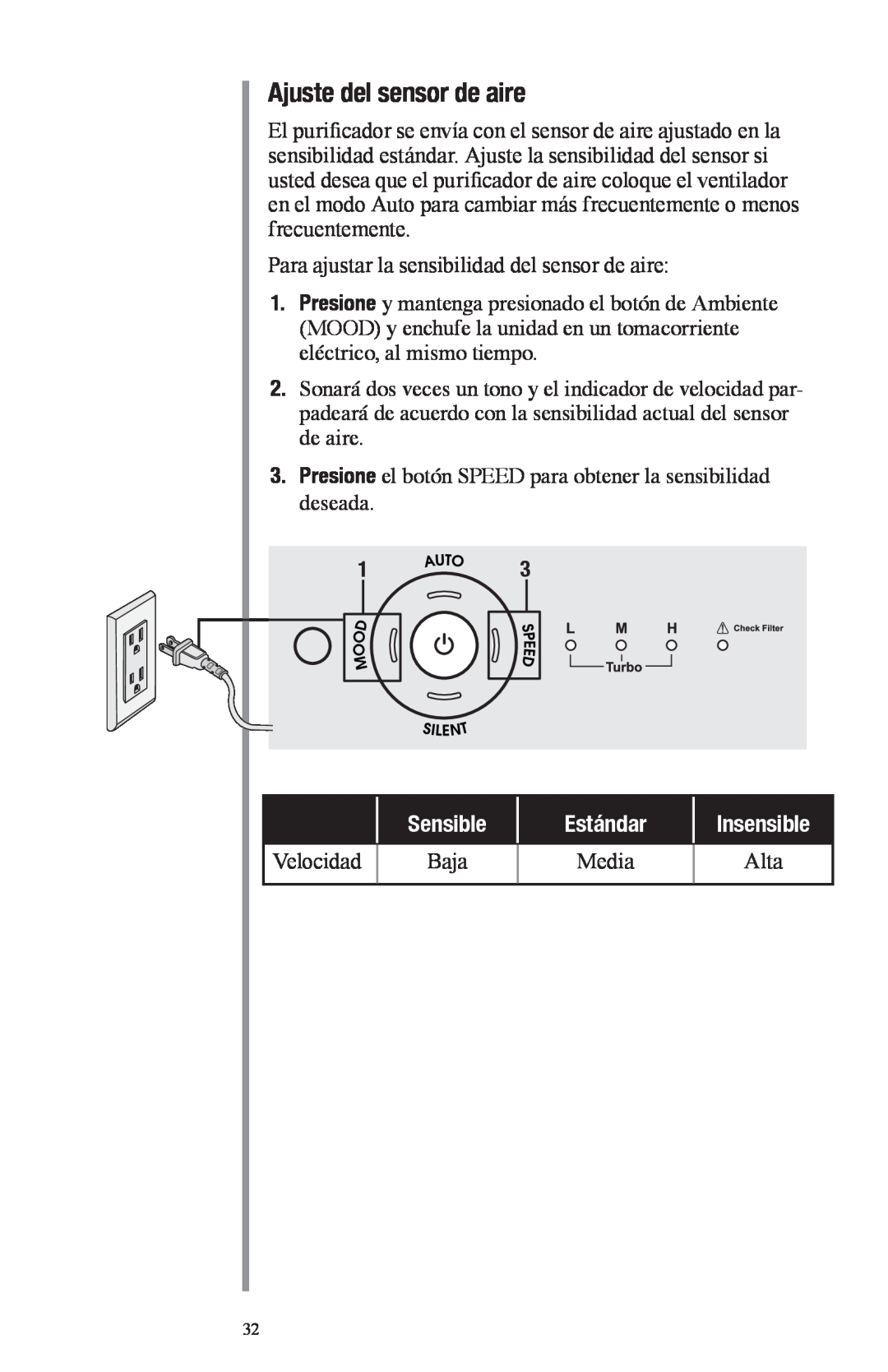 Oreck Air manual Ajuste del sensor de aire, Sensible, Estándar, Insensible 