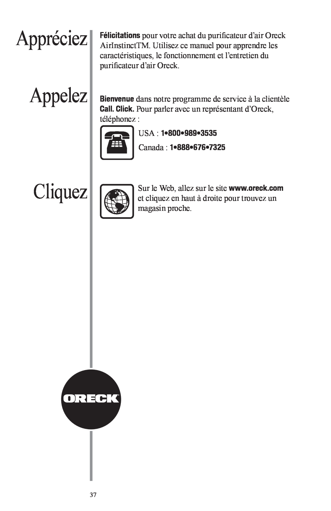 Oreck Air manual Cliquez, Appelez, Appréciez, USA 1 800 989 3535 Canada 