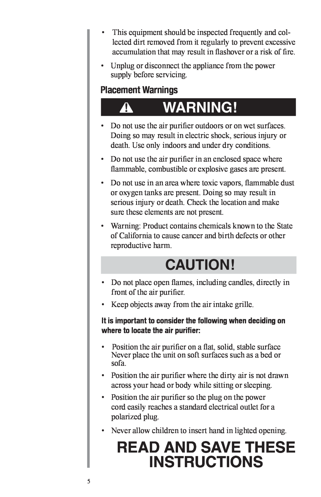 Oreck Air manual Placement Warnings, Read And Save These Instructions 