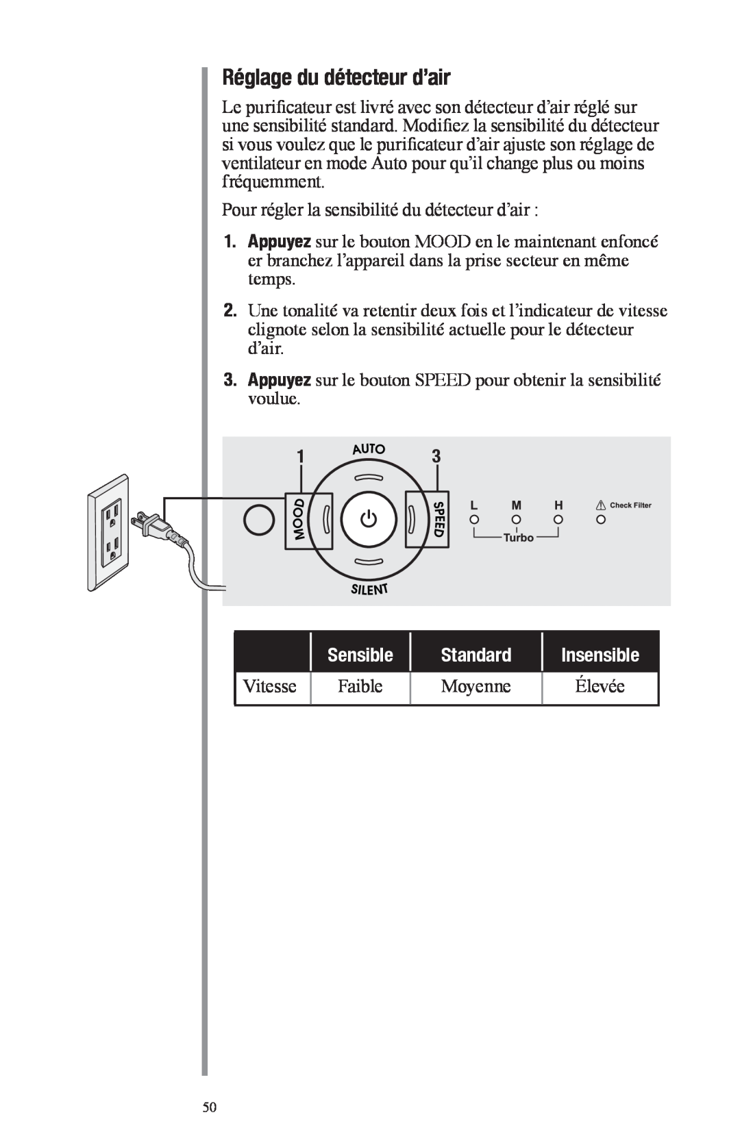 Oreck Air manual Réglage du détecteur d’air, Sensible, Standard, Insensible 