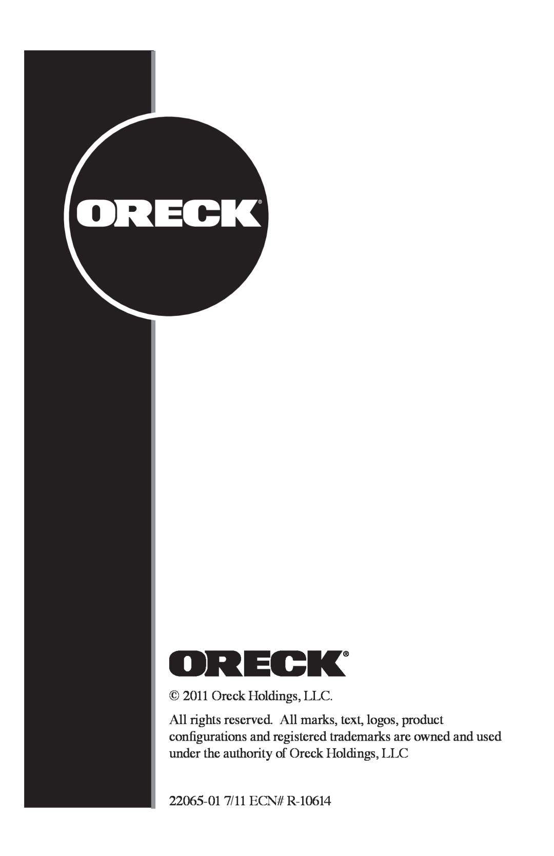 Oreck Air manual Oreck Holdings, LLC, 22065-017/11 ECN# R-10614 