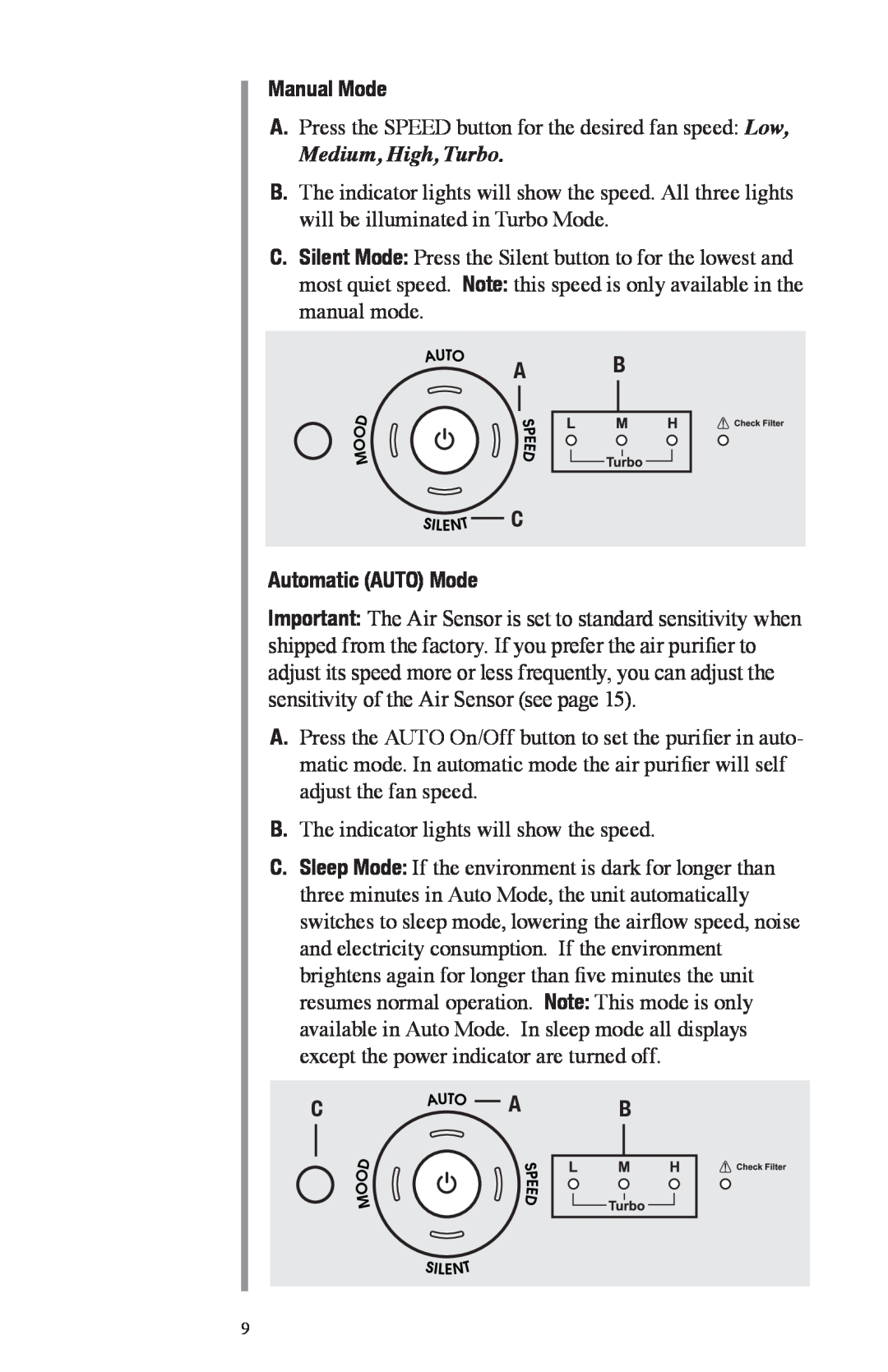 Oreck Air manual Manual Mode, Medium, High, Turbo, A B C Automatic AUTO Mode 