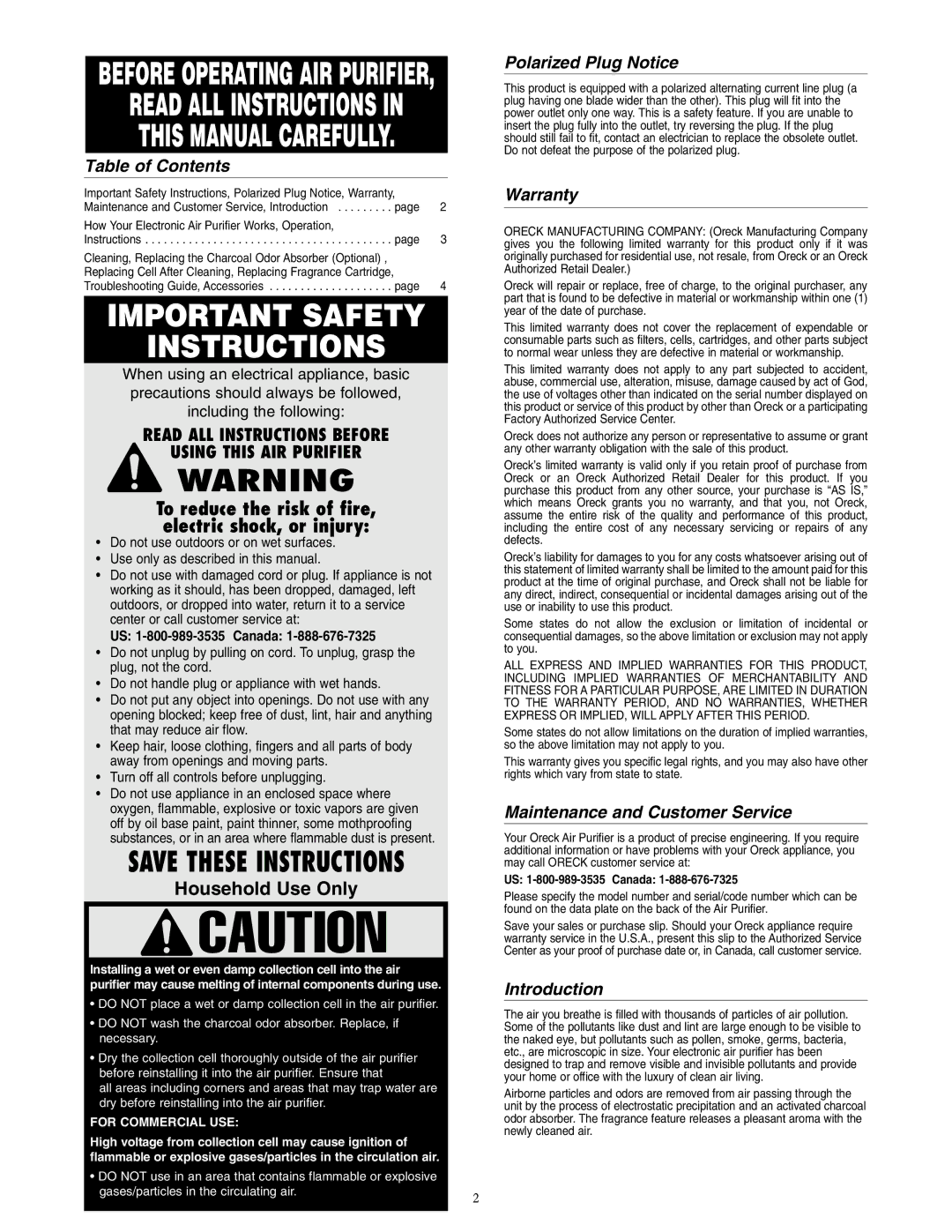 Oreck AIR7 warranty Table of Contents, Polarized Plug Notice, Warranty, Maintenance and Customer Service, Introduction 