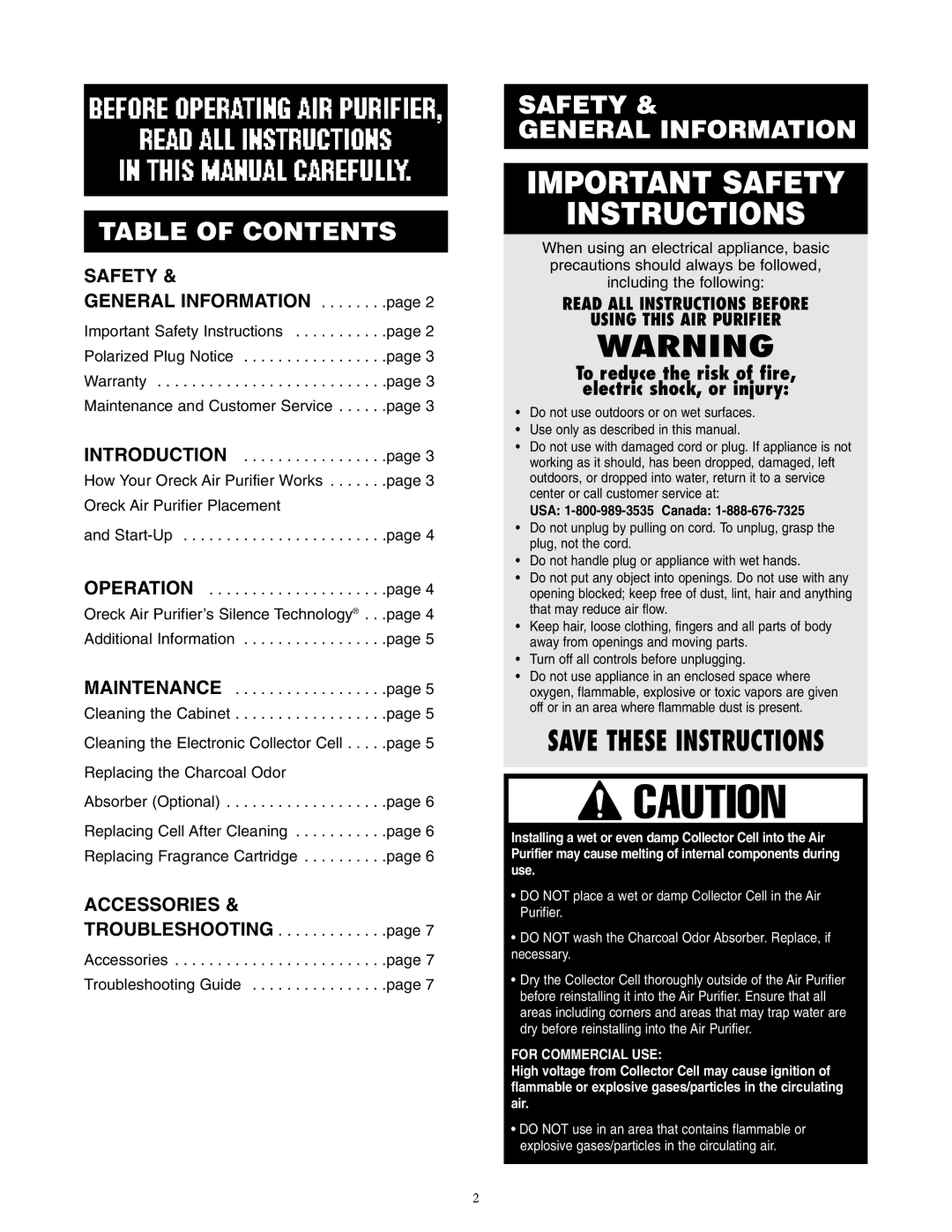 Oreck AIR8 Series warranty Table of Contents, Safety General Information 