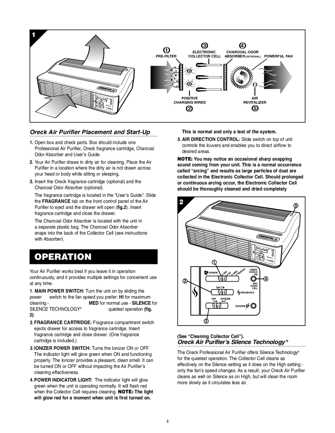 Oreck AIR8 Series warranty Operation, Oreck Air Purifier Placement and Start-Up, Oreck Air Purifier’s Silence Technology 