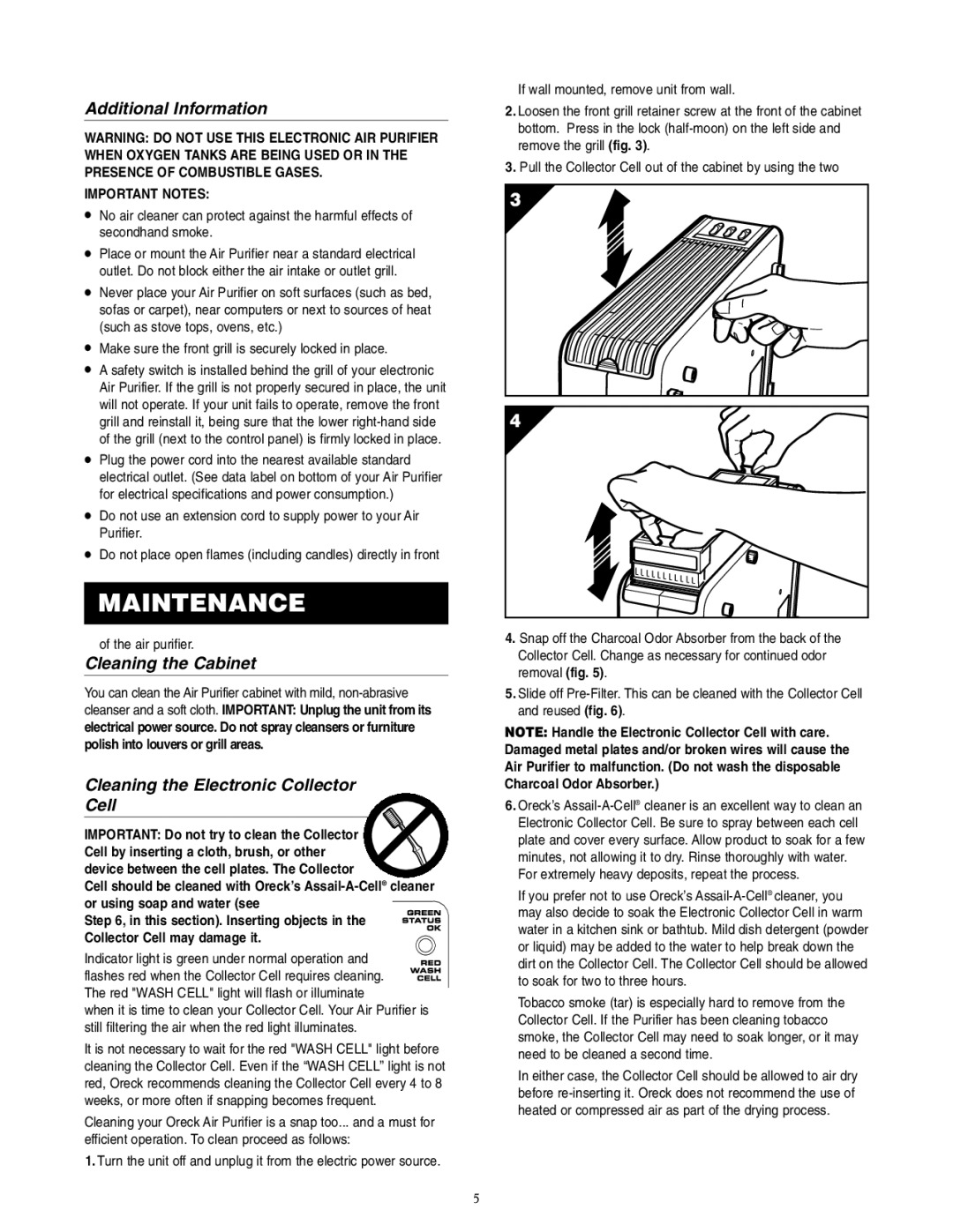 Oreck AIR8 Series Maintenance, Additional Information, Cleaning the Cabinet, Cleaning the Electronic Collector Cell 