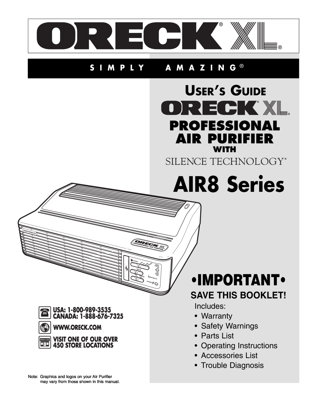 Oreck AIR8 Series warranty Professional Air Purifier, User’S Guide, Save This Booklet, S I M P L Y A M A Z I N G, With 