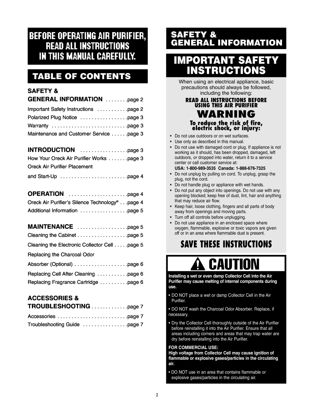 Oreck AIR8 Series warranty Table Of Contents, Safety & General Information, Accessories, Important Safety Instructions 