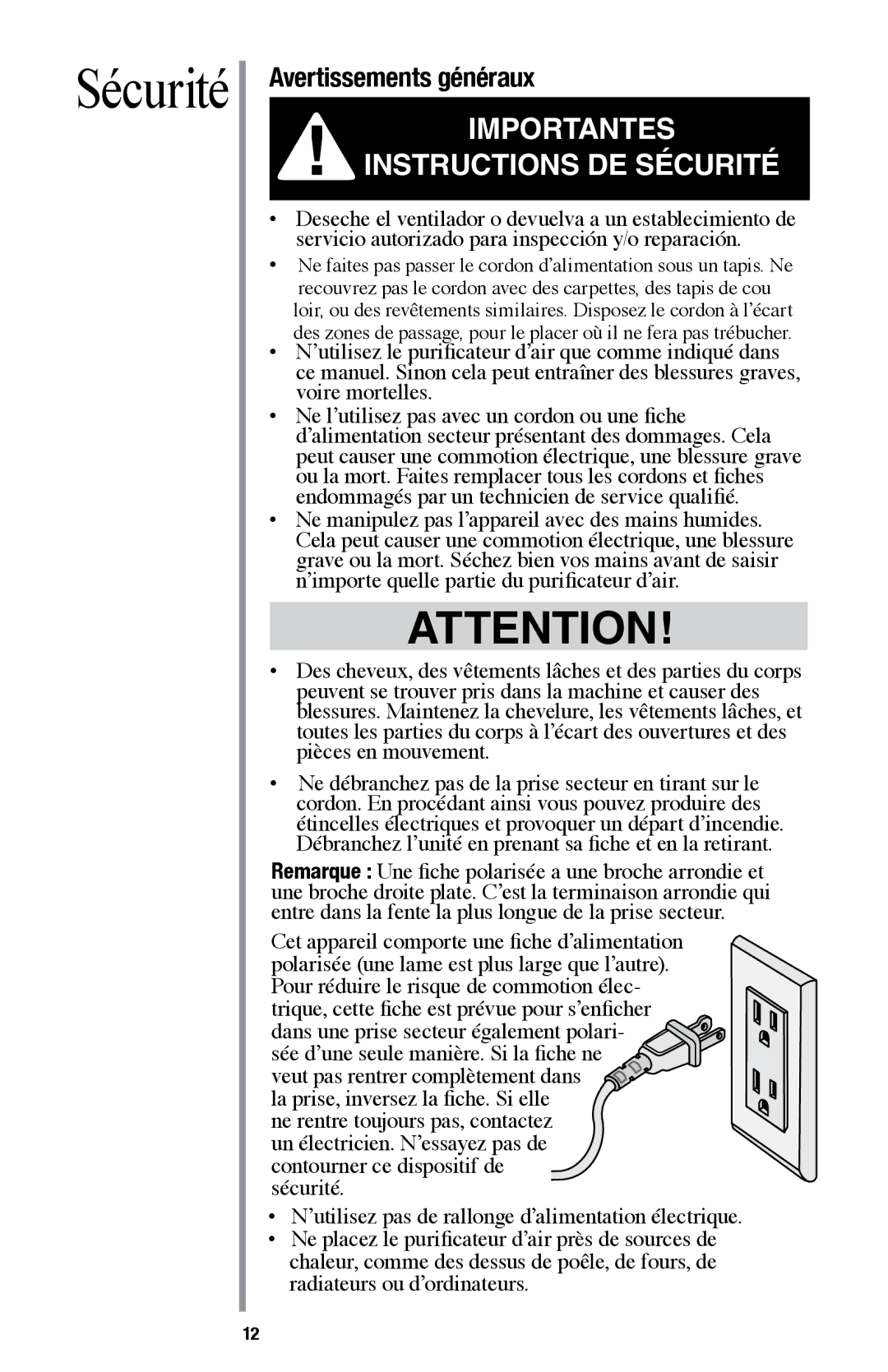 Oreck AIR94 manual Sécurité, Avertissements généraux 