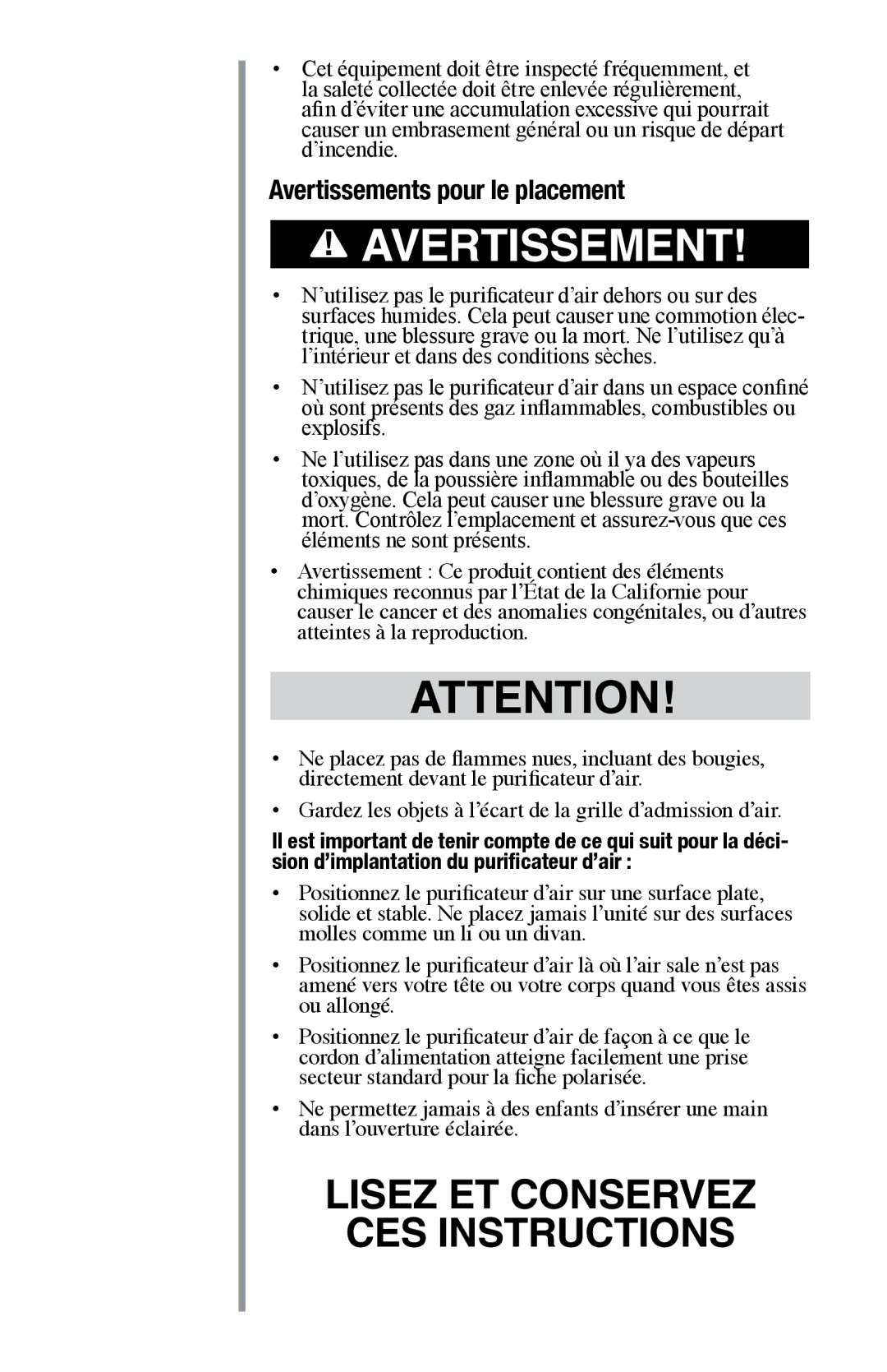 Oreck AIR94 manual Avertissements pour le placement 