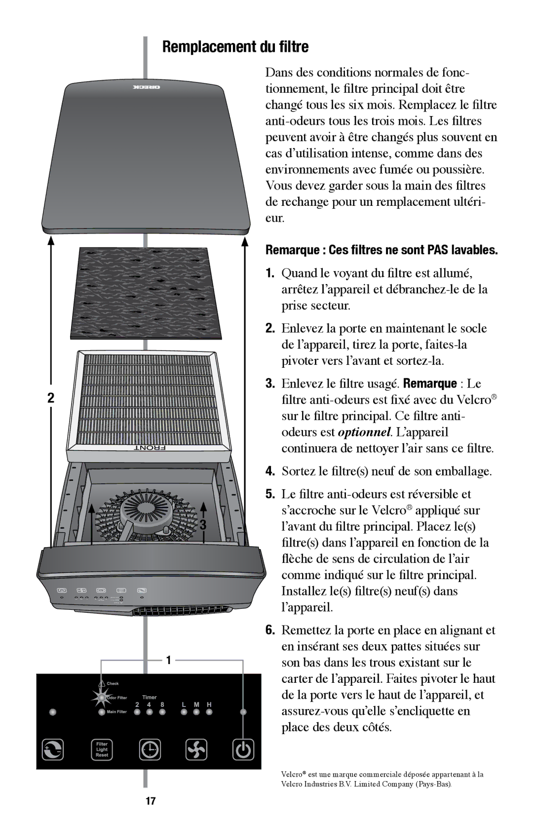 Oreck AIR94 manual Remplacement du filtre, Place des deux côtés 