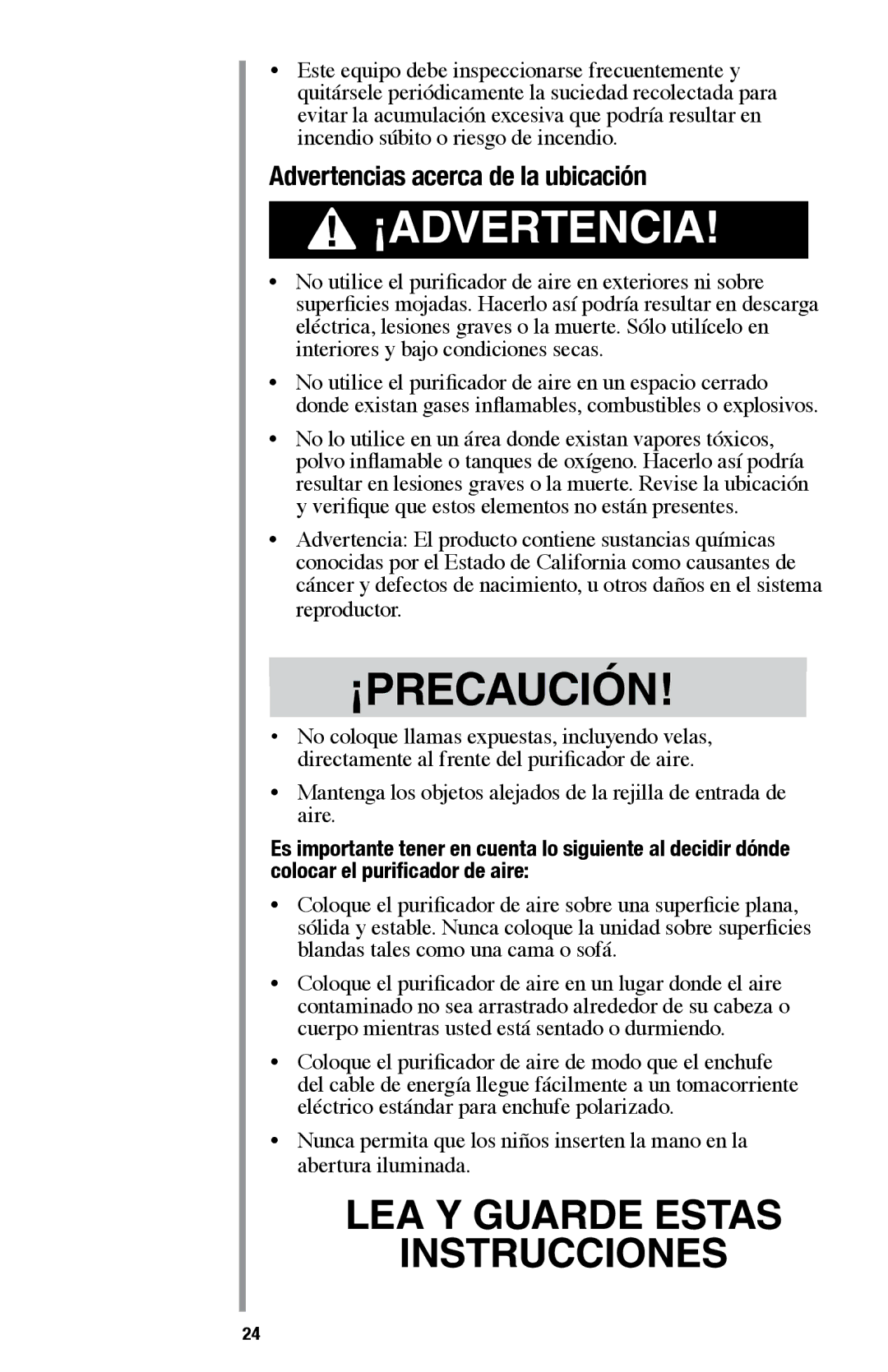 Oreck AIR94 manual ¡Advertencia, Advertencias acerca de la ubicación 