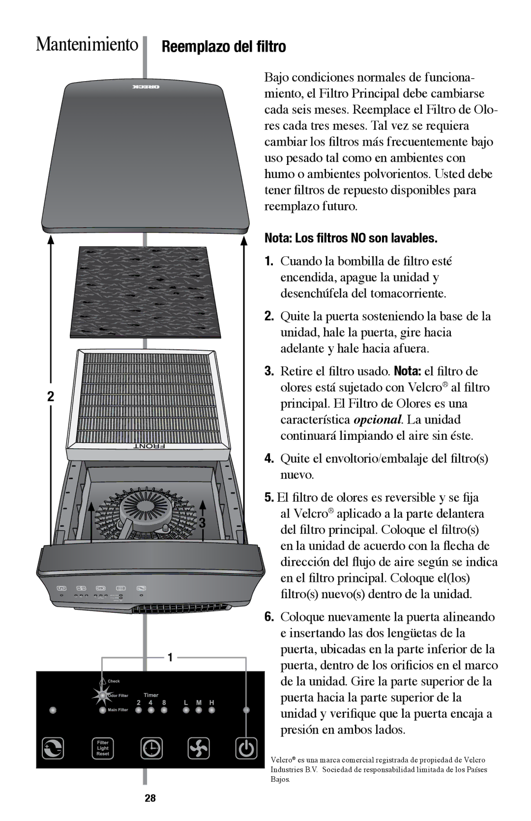 Oreck AIR94 manual Reemplazo del filtro, Nota Los filtros no son lavables 