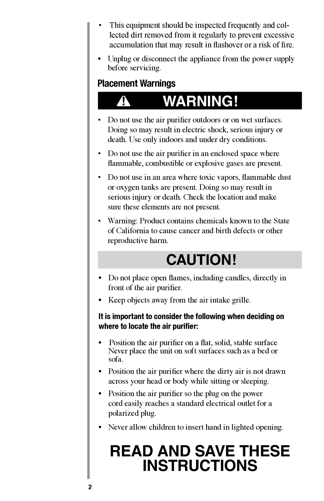 Oreck AIR94 manual Placement Warnings 