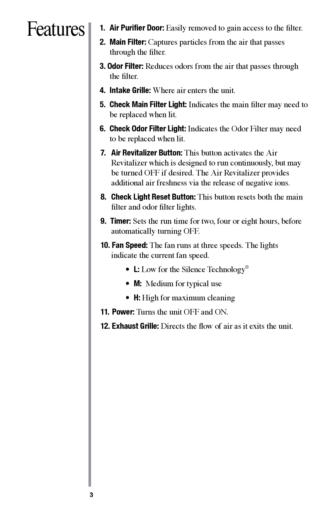 Oreck AIR94 manual Features 