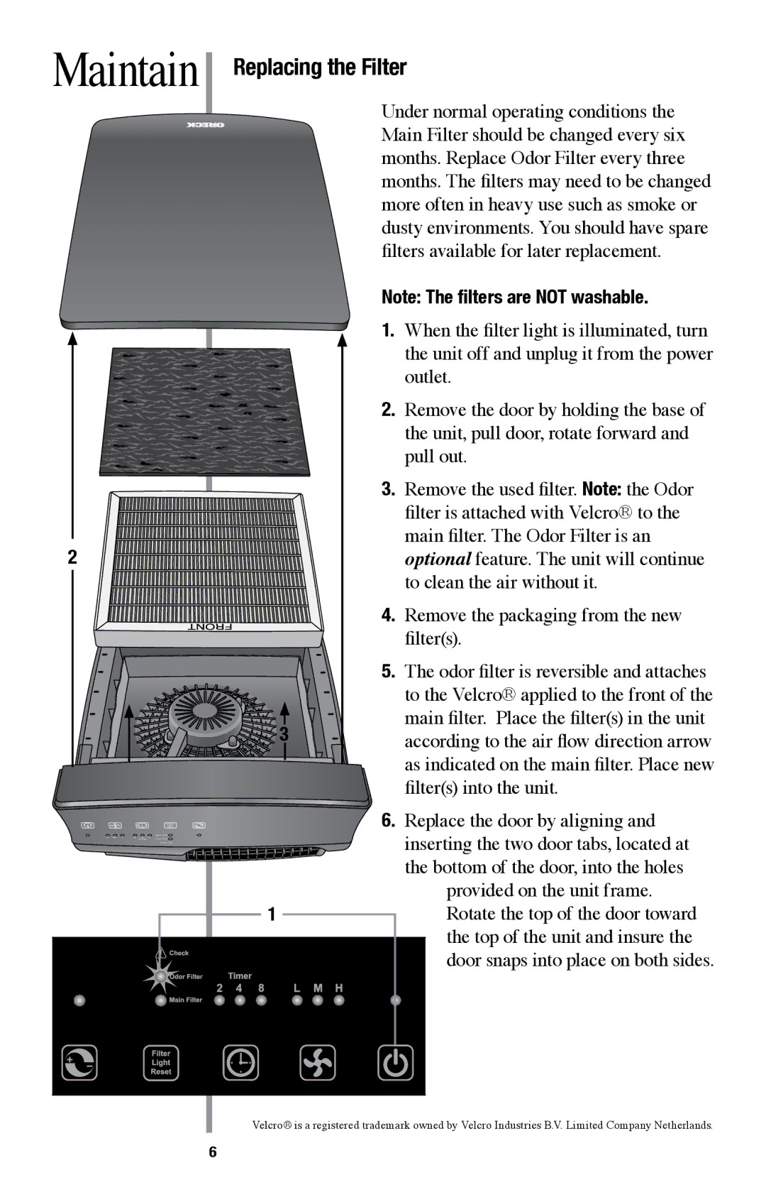 Oreck AIR94 manual Maintain, Replacing the Filter 