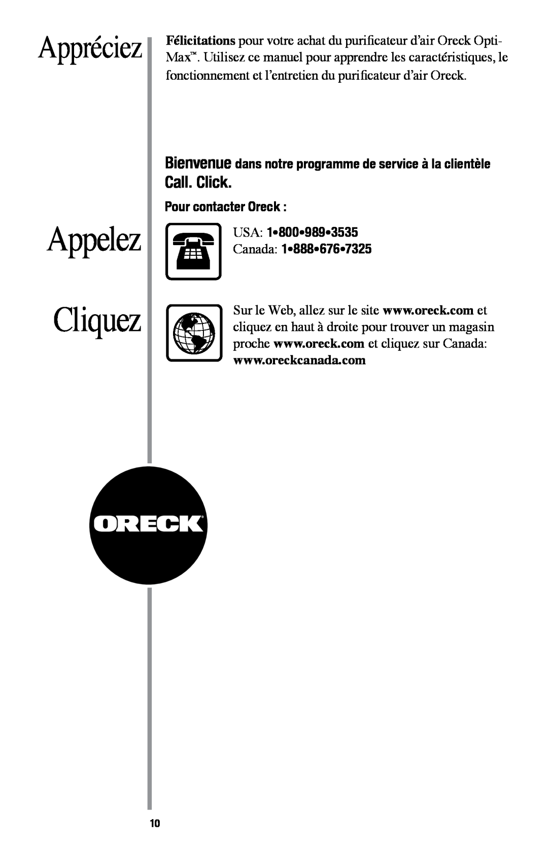 Oreck AIR94 manual Appréciez, Appelez Cliquez 